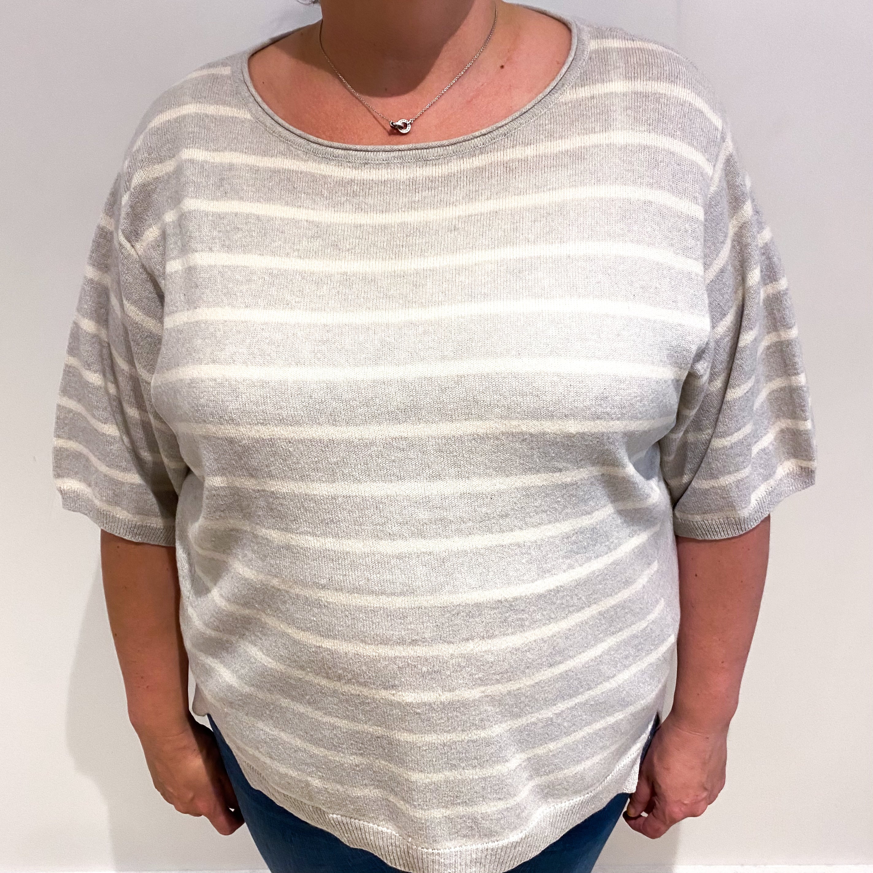Mist  Grey Stripe Cashmere Short Sleeved Slash Neck Jumper Extra Large