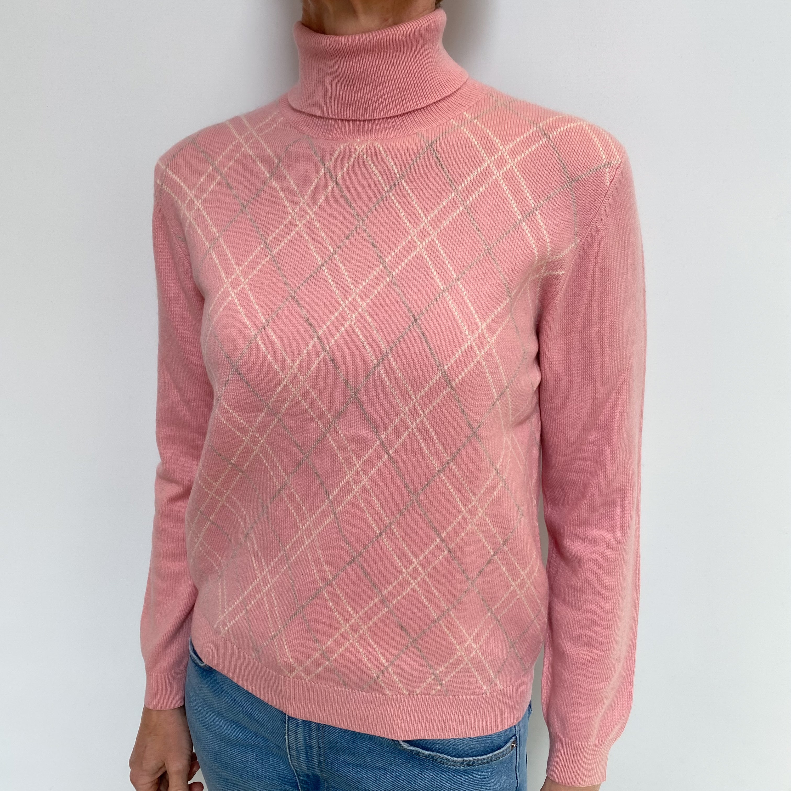 Blush Pink Diamond Cashmere Polo Neck Jumper Small