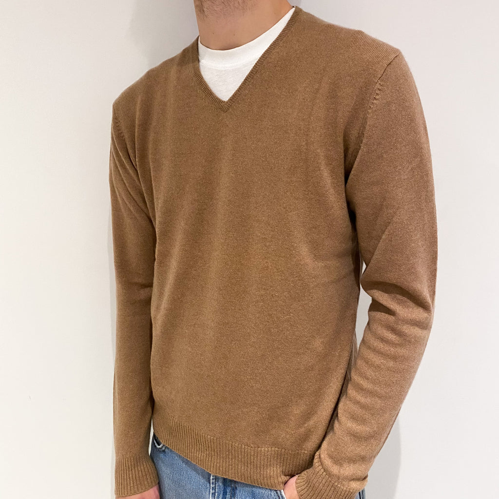 Men's Camel Brown Cashmere V Neck Jumper Large