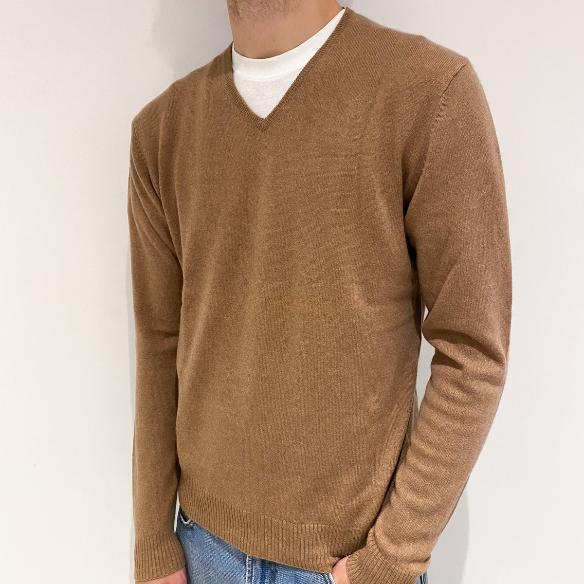 Men's Camel Brown Cashmere V Neck Jumper Large