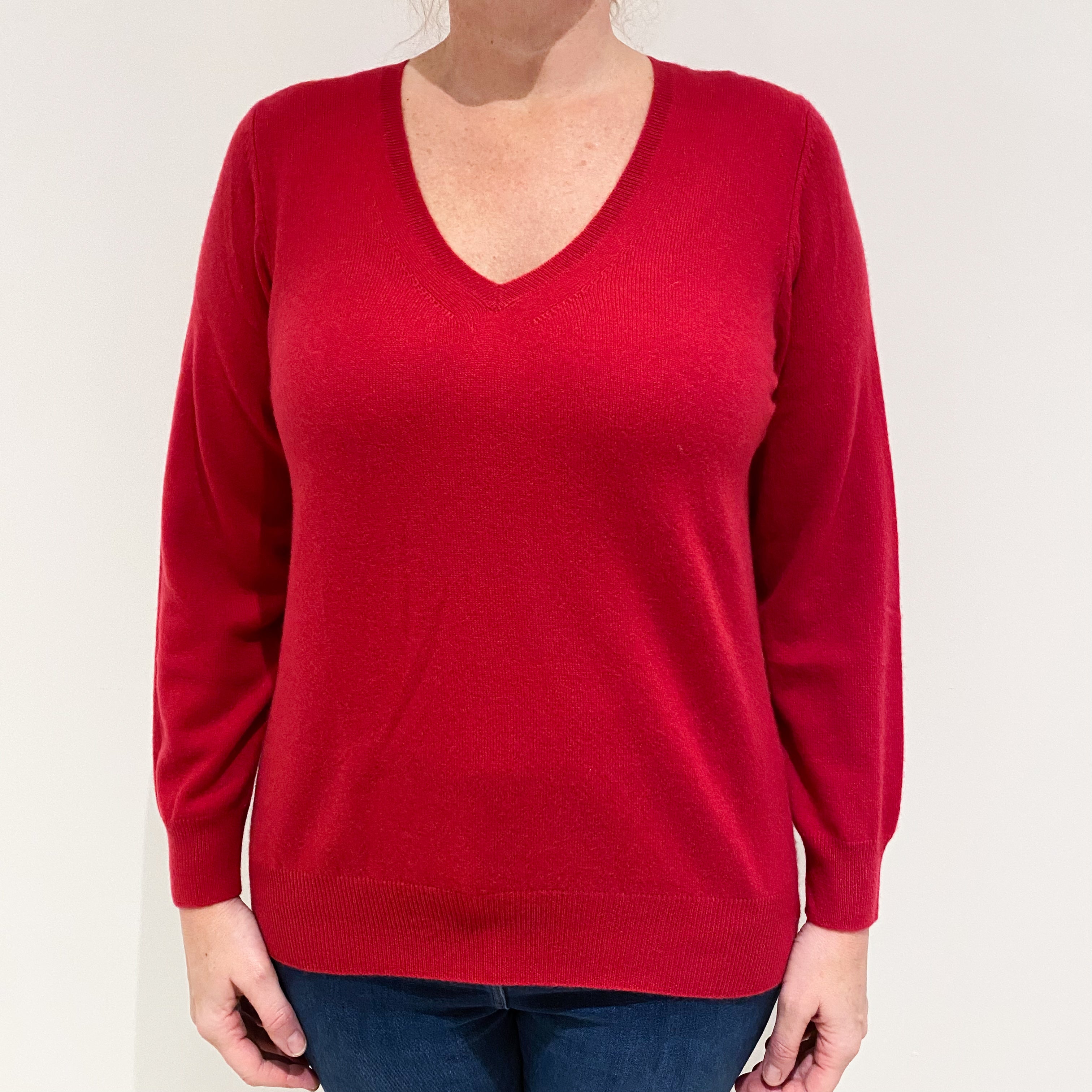 New Ruby Red Cashmere V-Neck Jumper Large