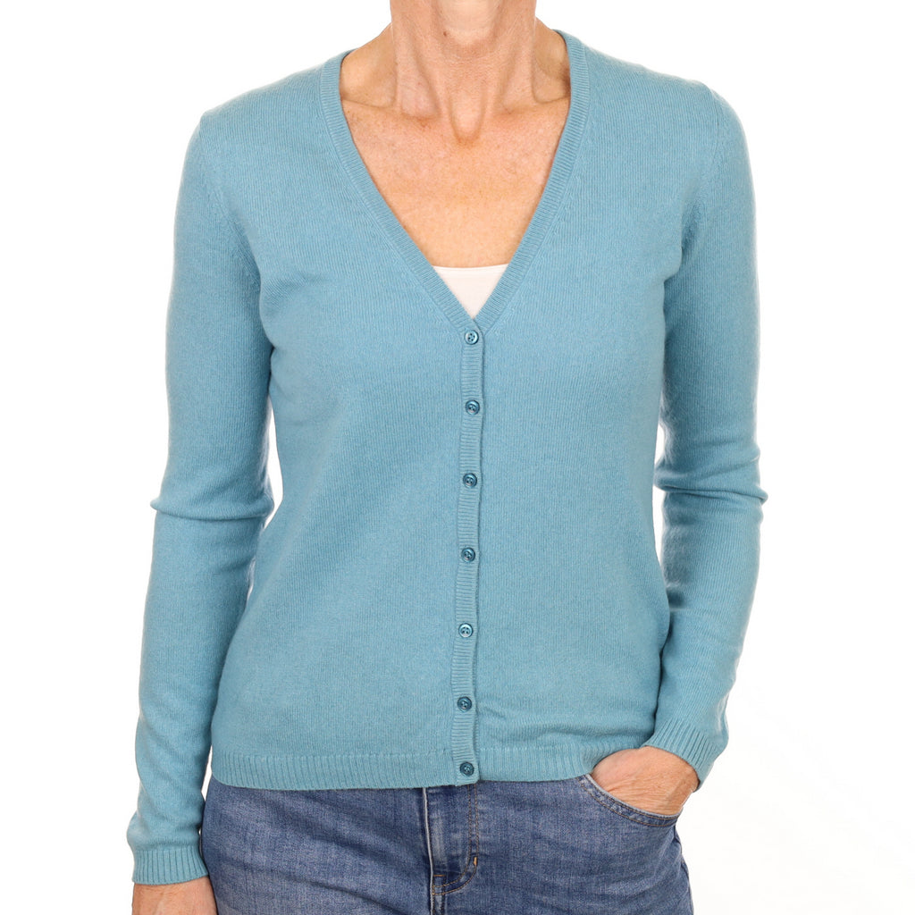 Muted Aqua Blue Cashmere V Neck Cardigan Small