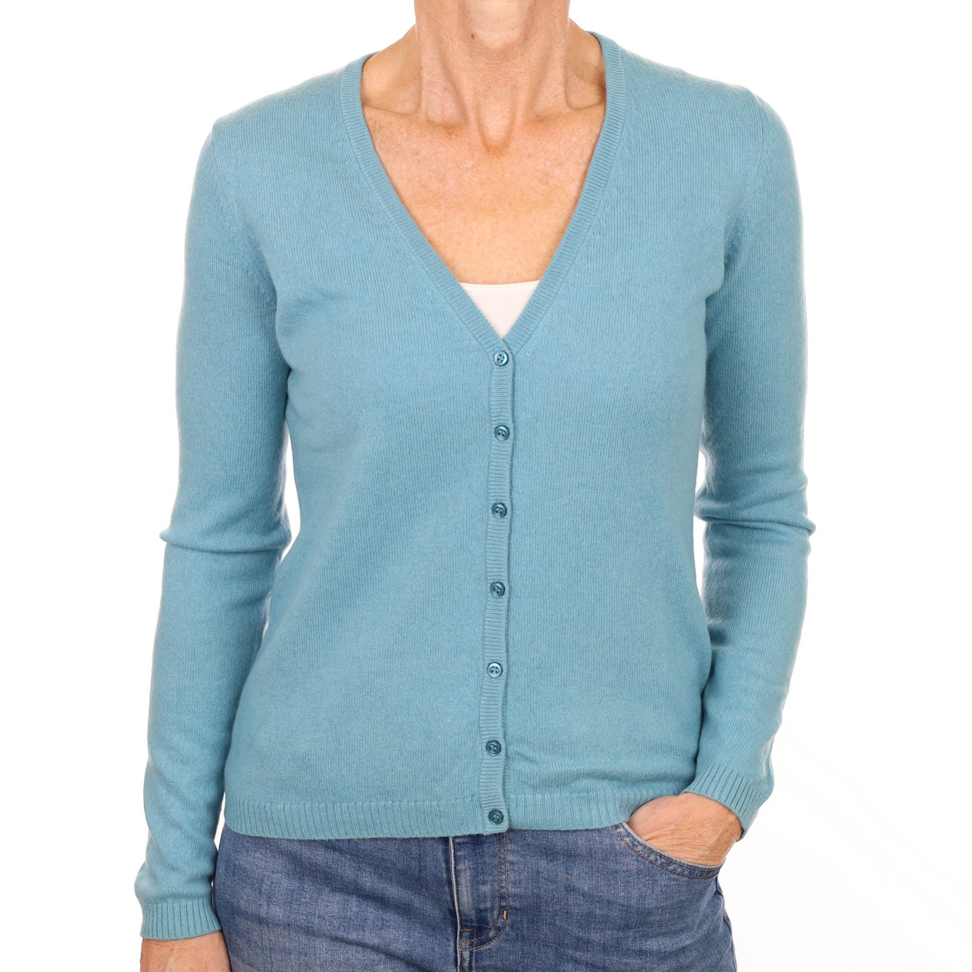 Muted Aqua Blue Cashmere V Neck Cardigan Small