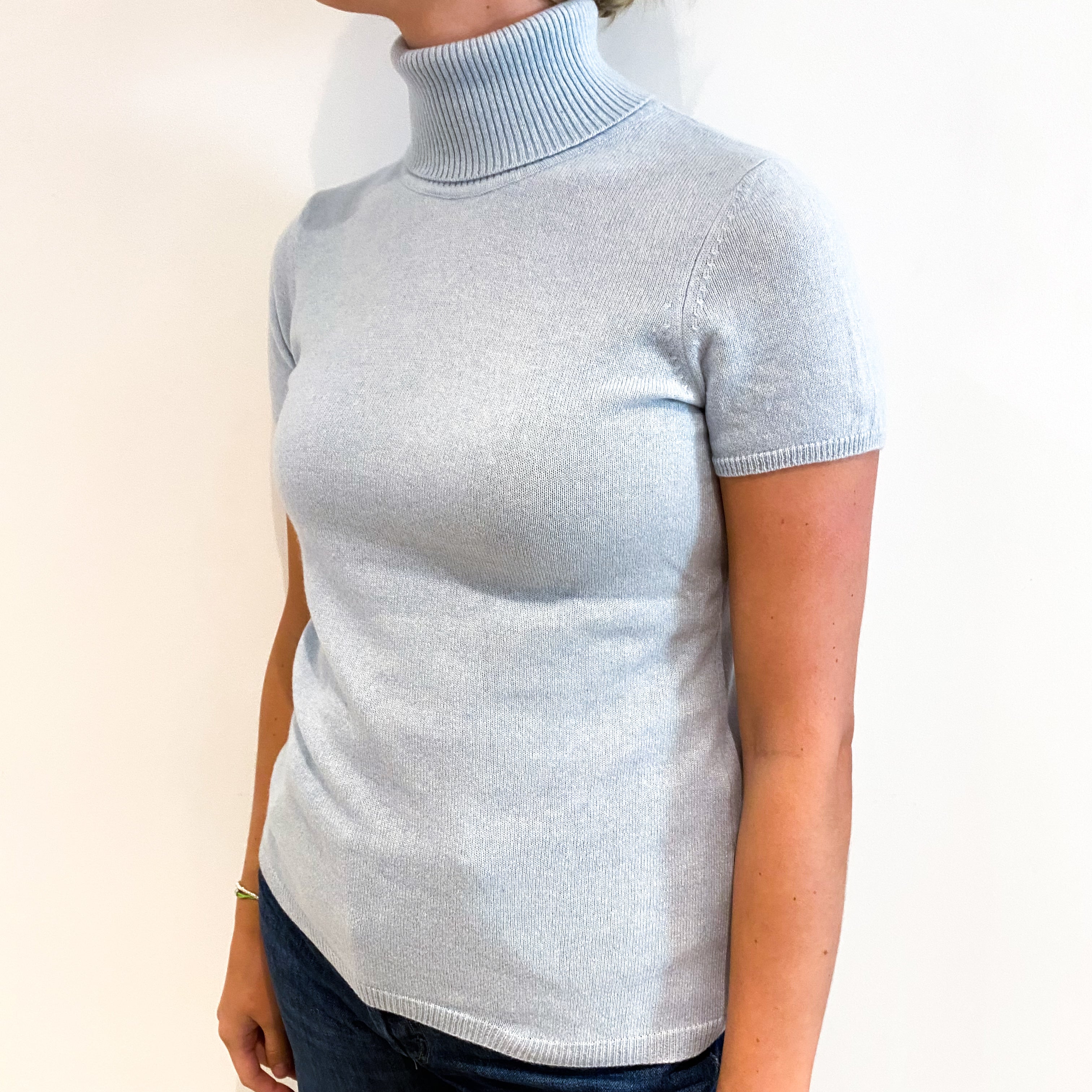 Ice Blue Cashmere Short Sleeved Polo Neck Jumper Small