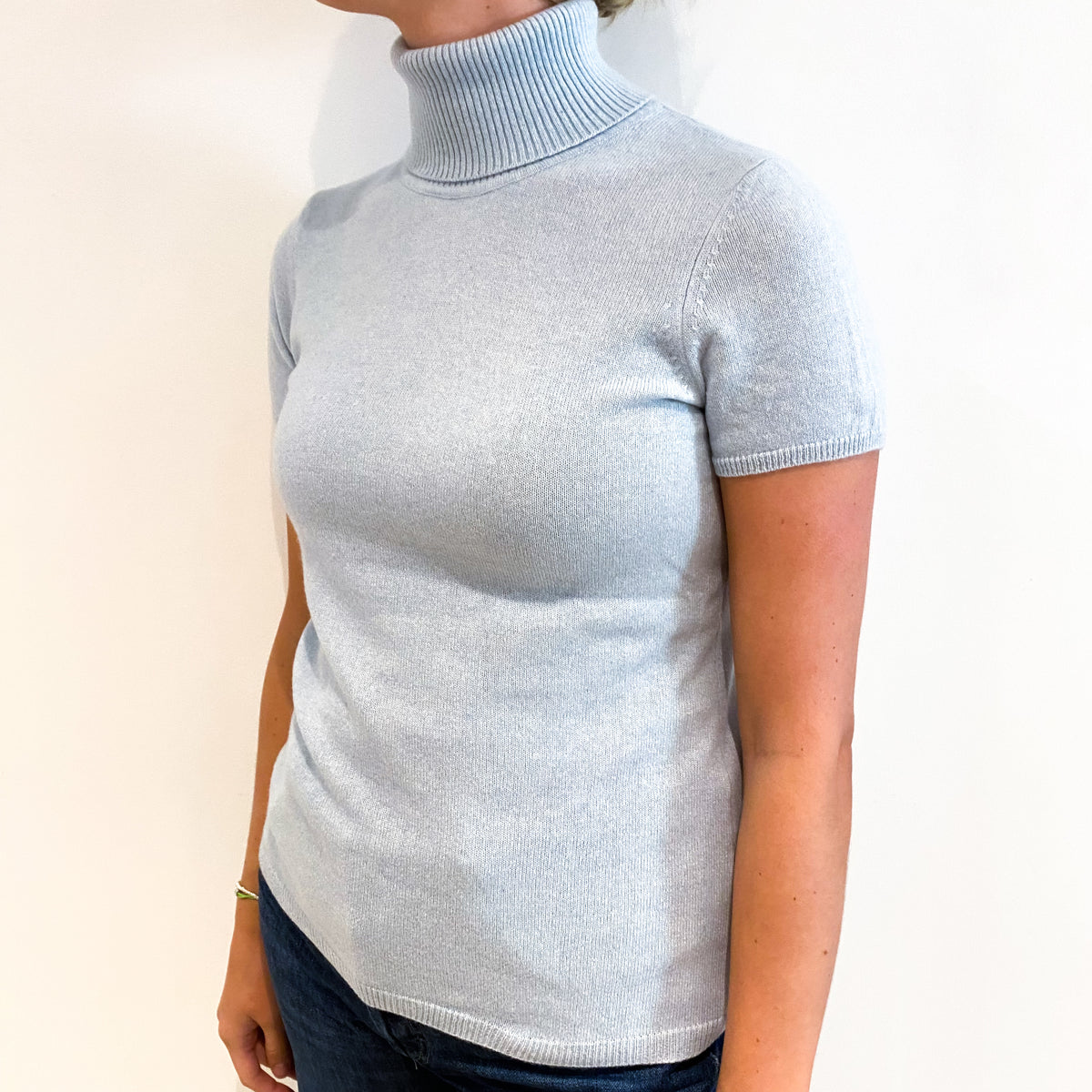 Ice Blue Cashmere Short Sleeved Polo Neck Jumper Small