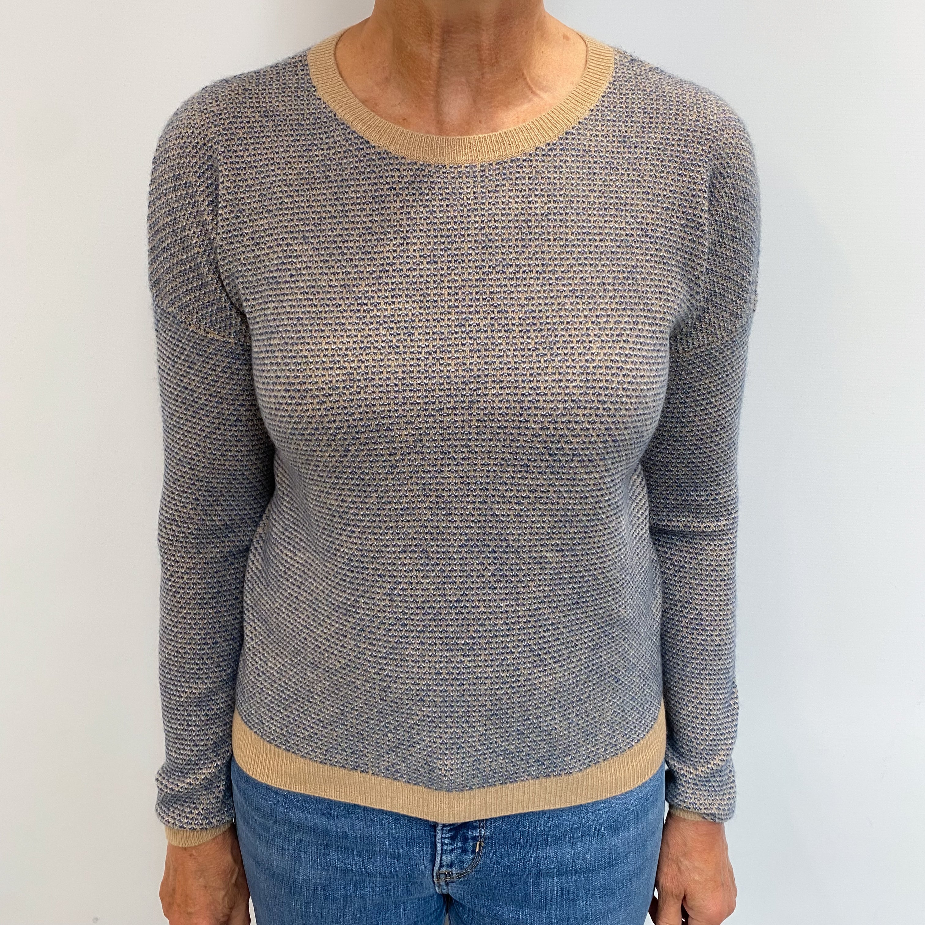 Camel Brown and Blue Cashmere Crew Neck Jumper Medium