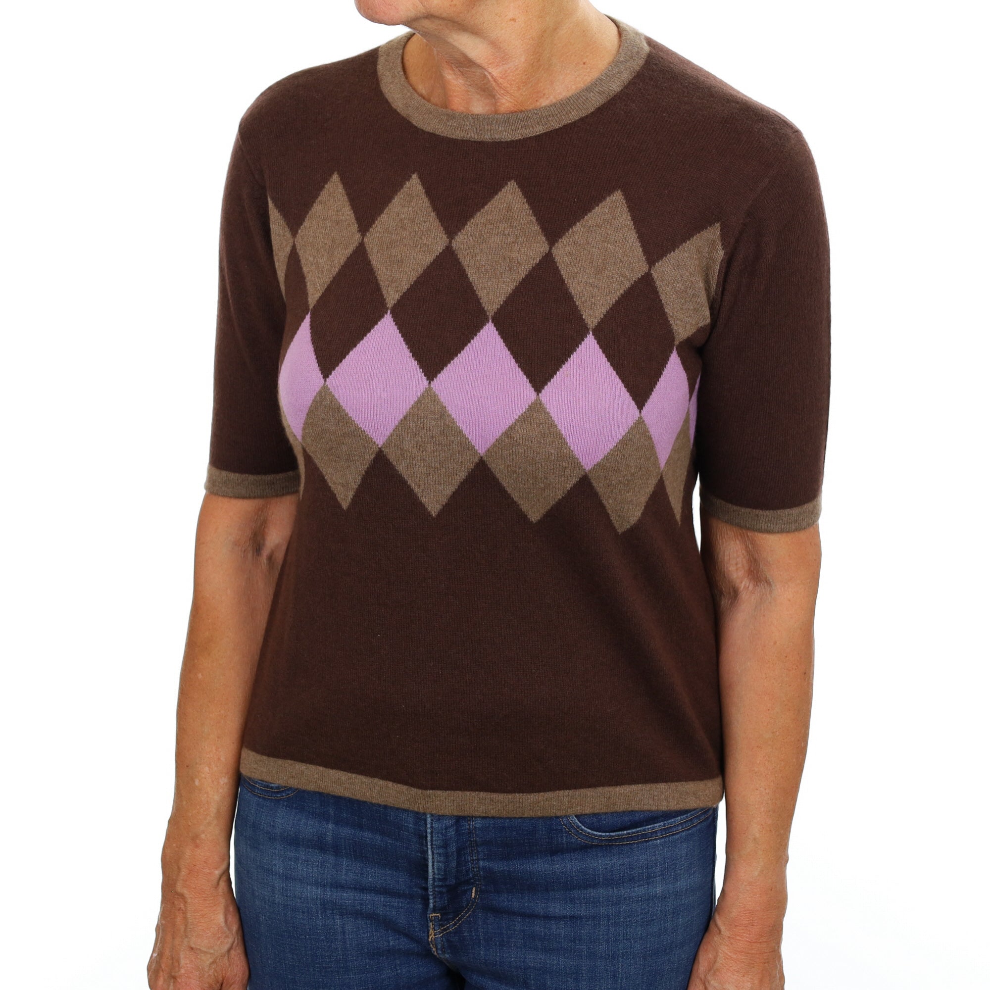 Chocolate Brown Diamond Cashmere Crew Neck Short Sleeved Jumper Medium
