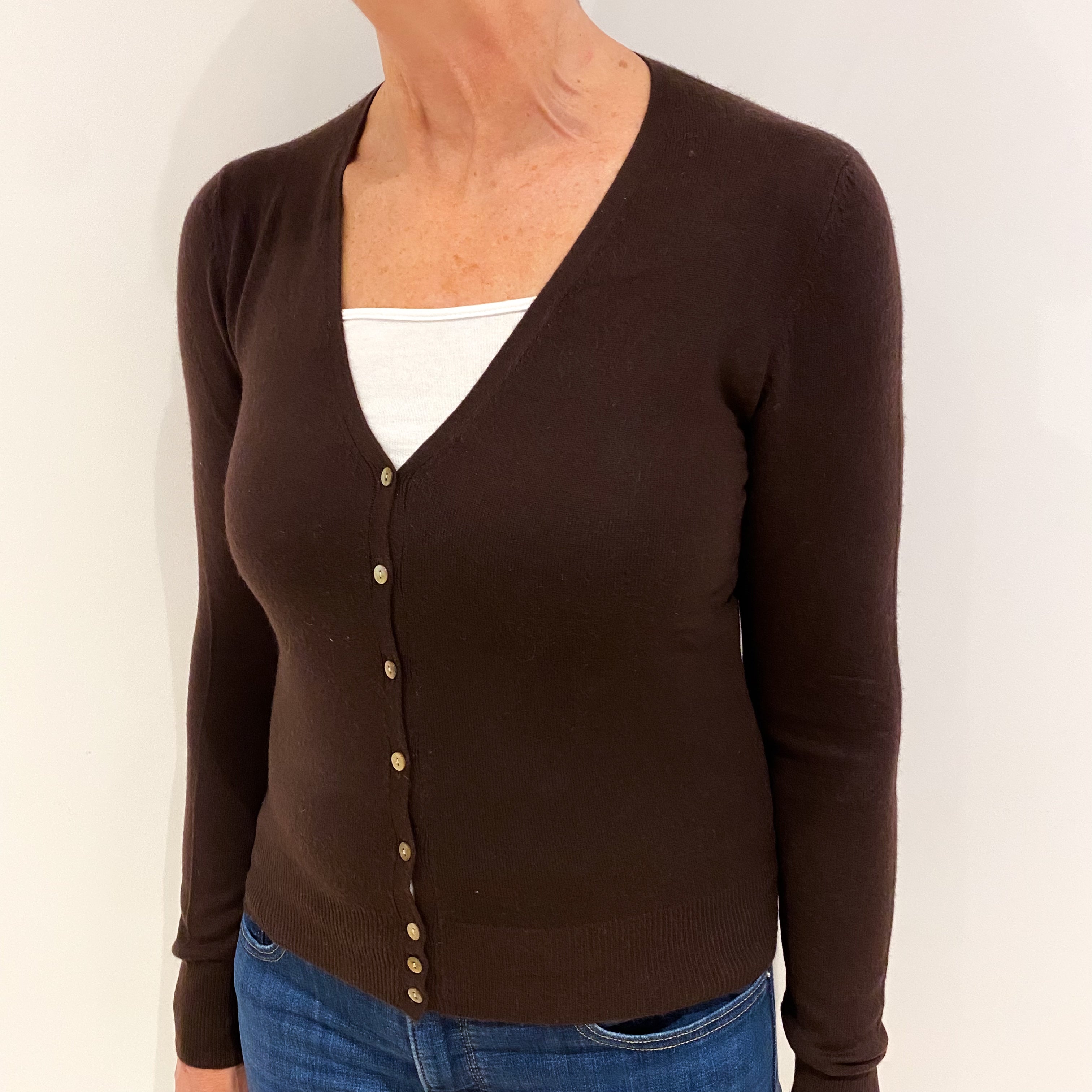 Chocolate Brown Cashmere V Neck Cardigan Medium