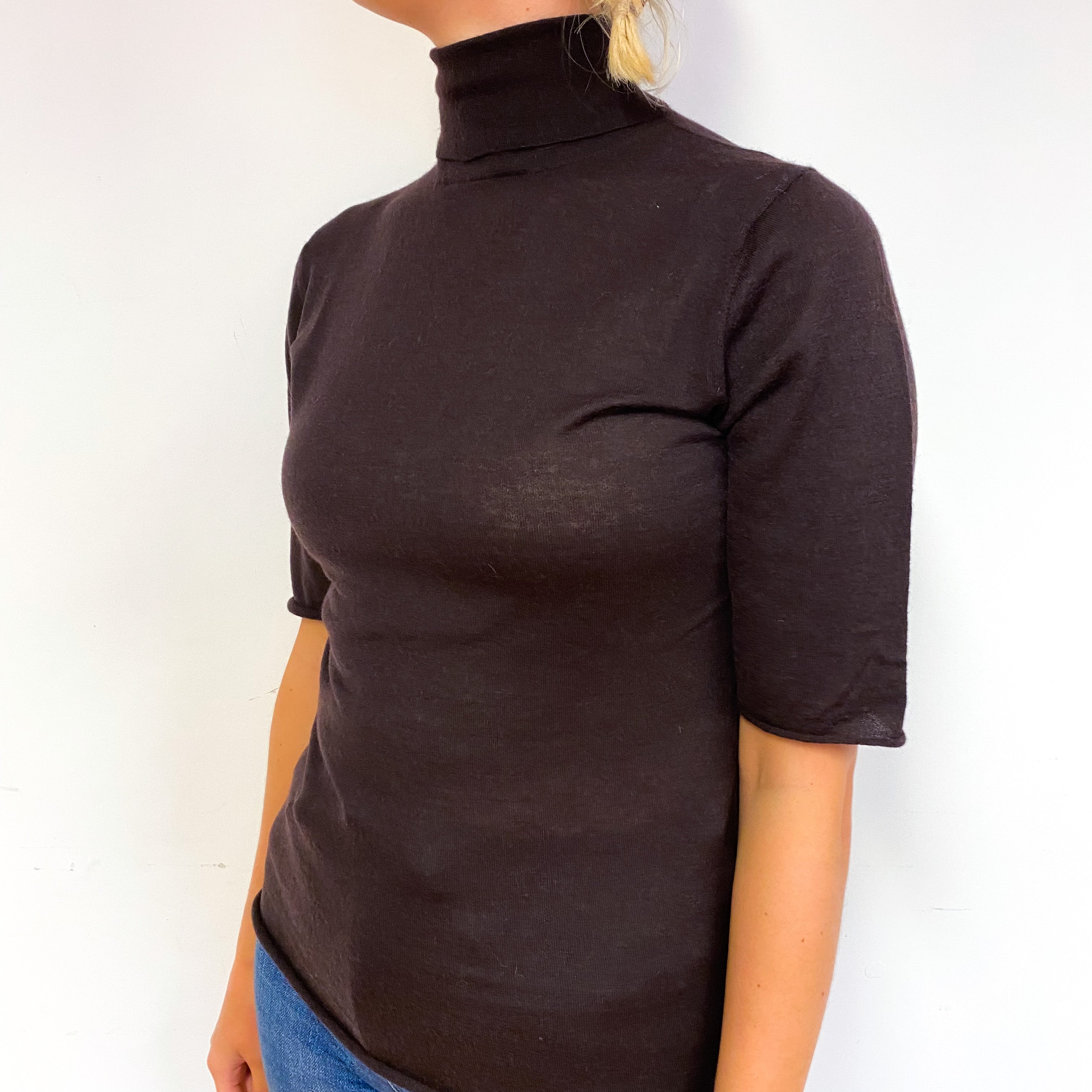 Peppercorn Brown Short Sleeve Cashmere Polo Neck Jumper Small