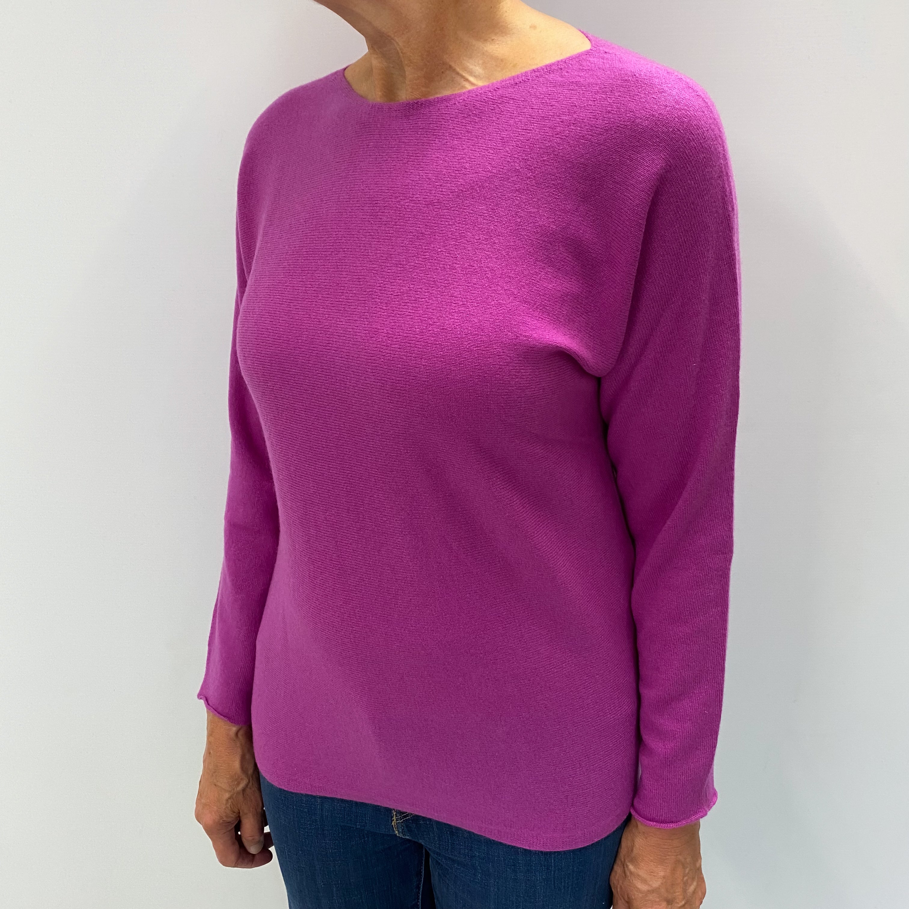 Magenta Pink Cashmere Batwing Slash Neck Jumper Medium