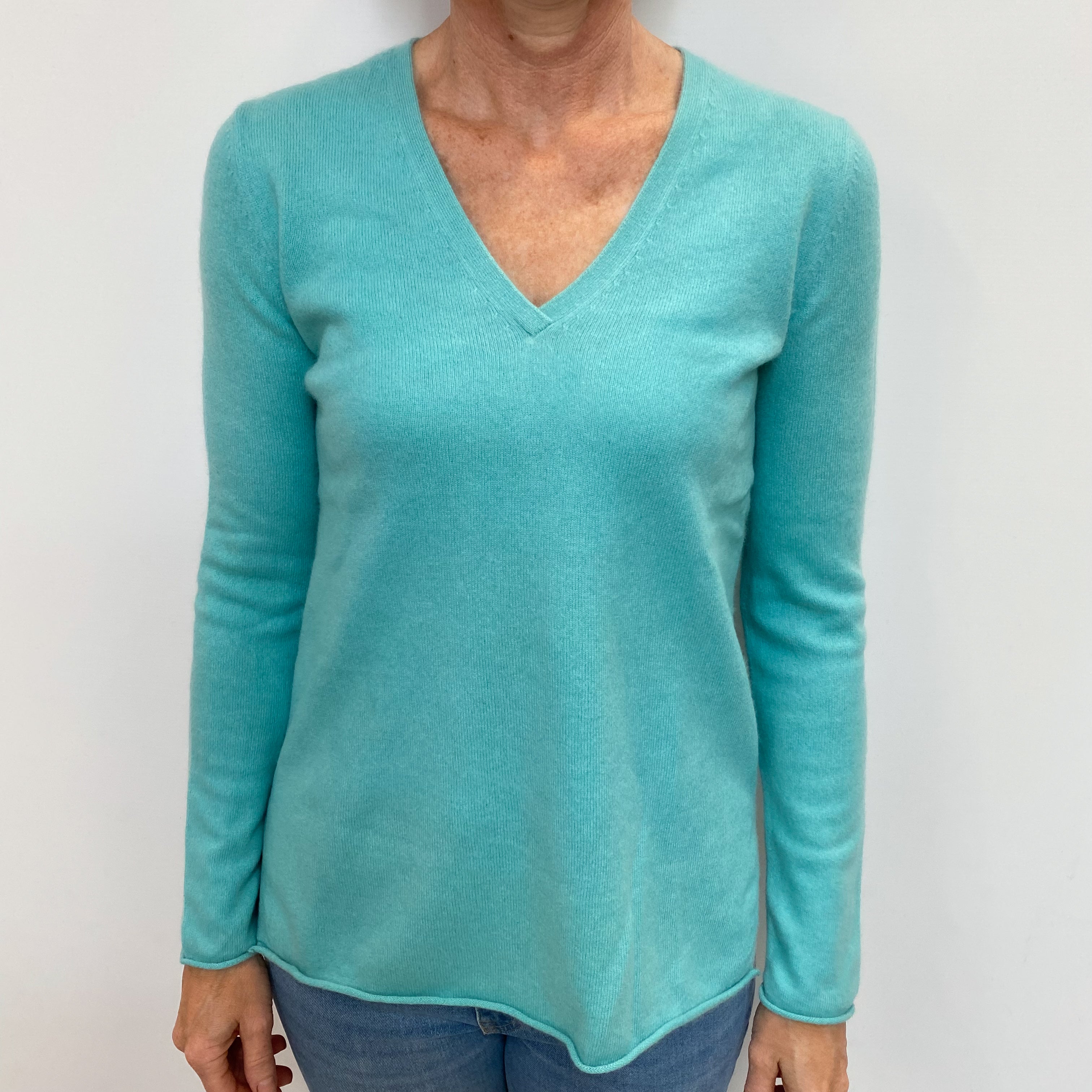 Deep Mint Blue Cashmere V Neck Jumper Small
