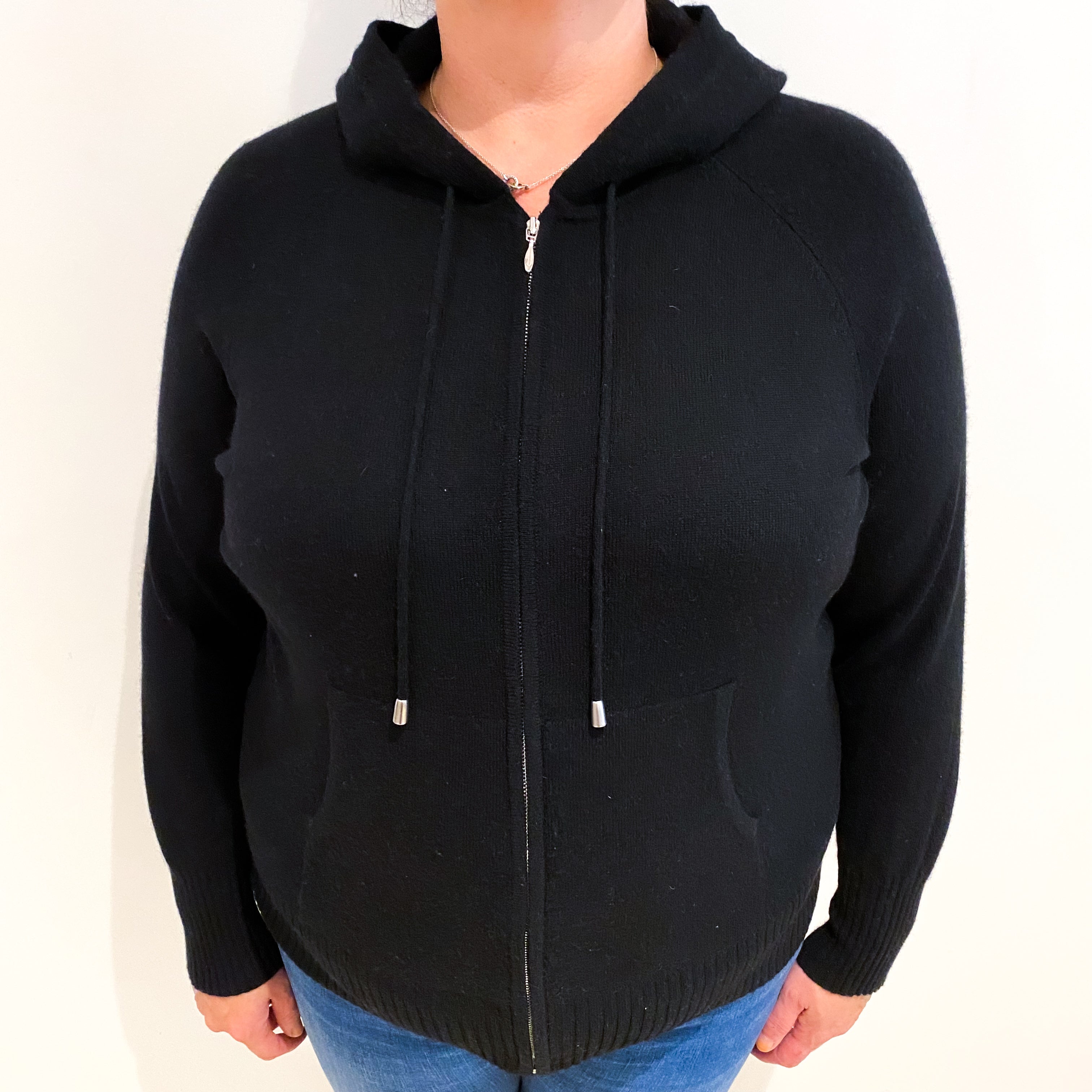 Black Cashmere Zip Up Hoodie Jumper with Pockets Extra Large