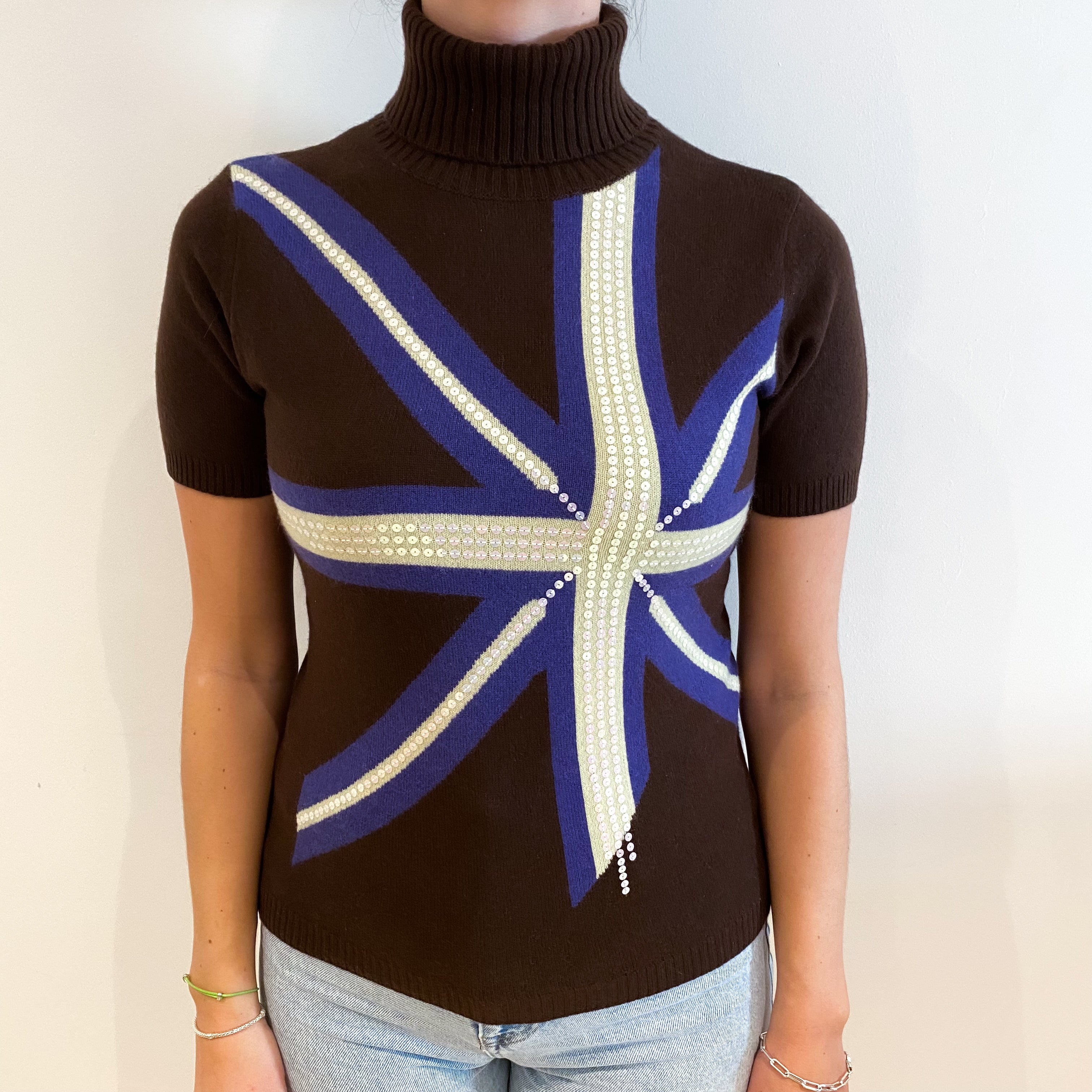 Chocolate Brown ‘Union Jack’ Design Cashmere Polo Neck Short Sleeved Jumper Small