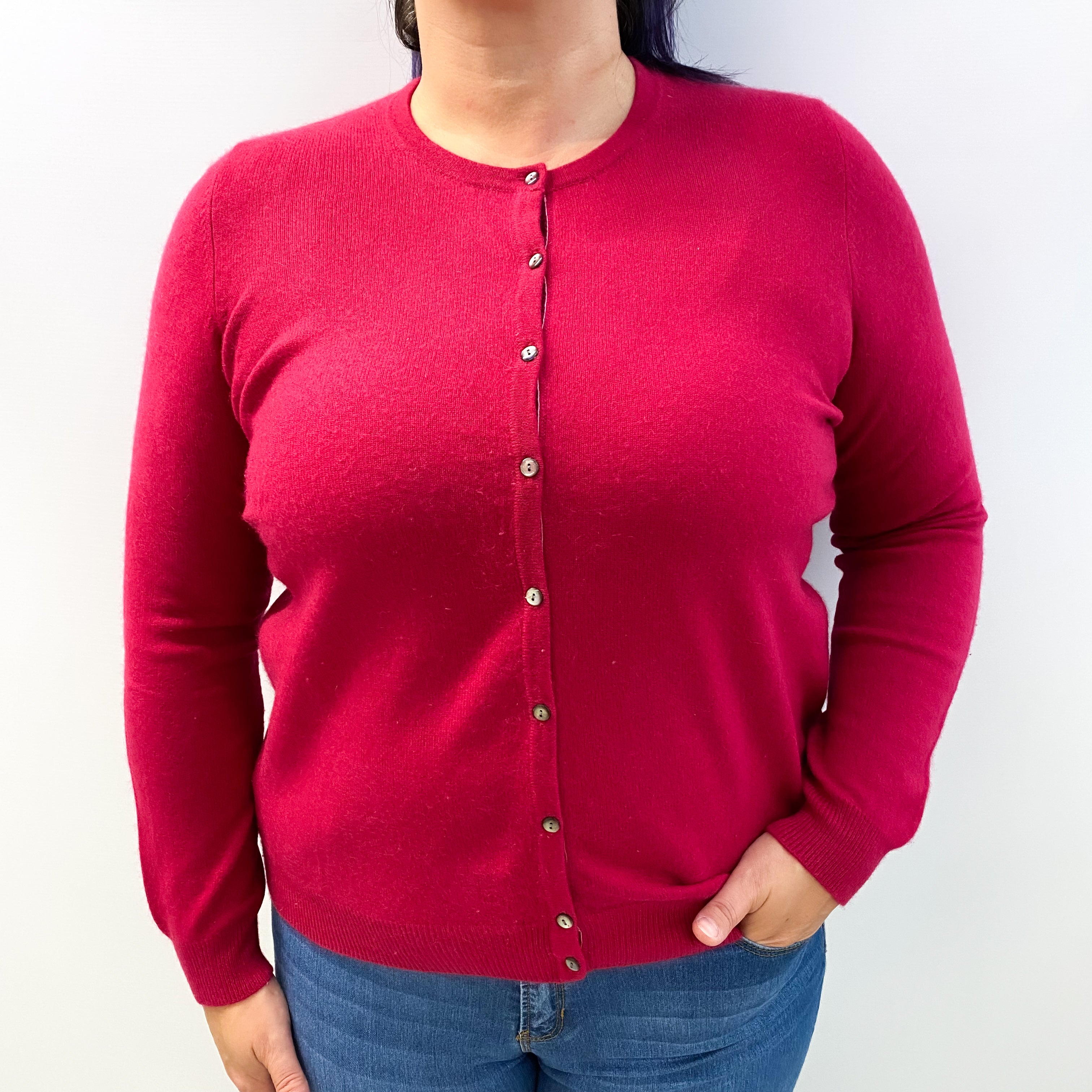 Cherry Red Cashmere Crew Neck Cardigan Large