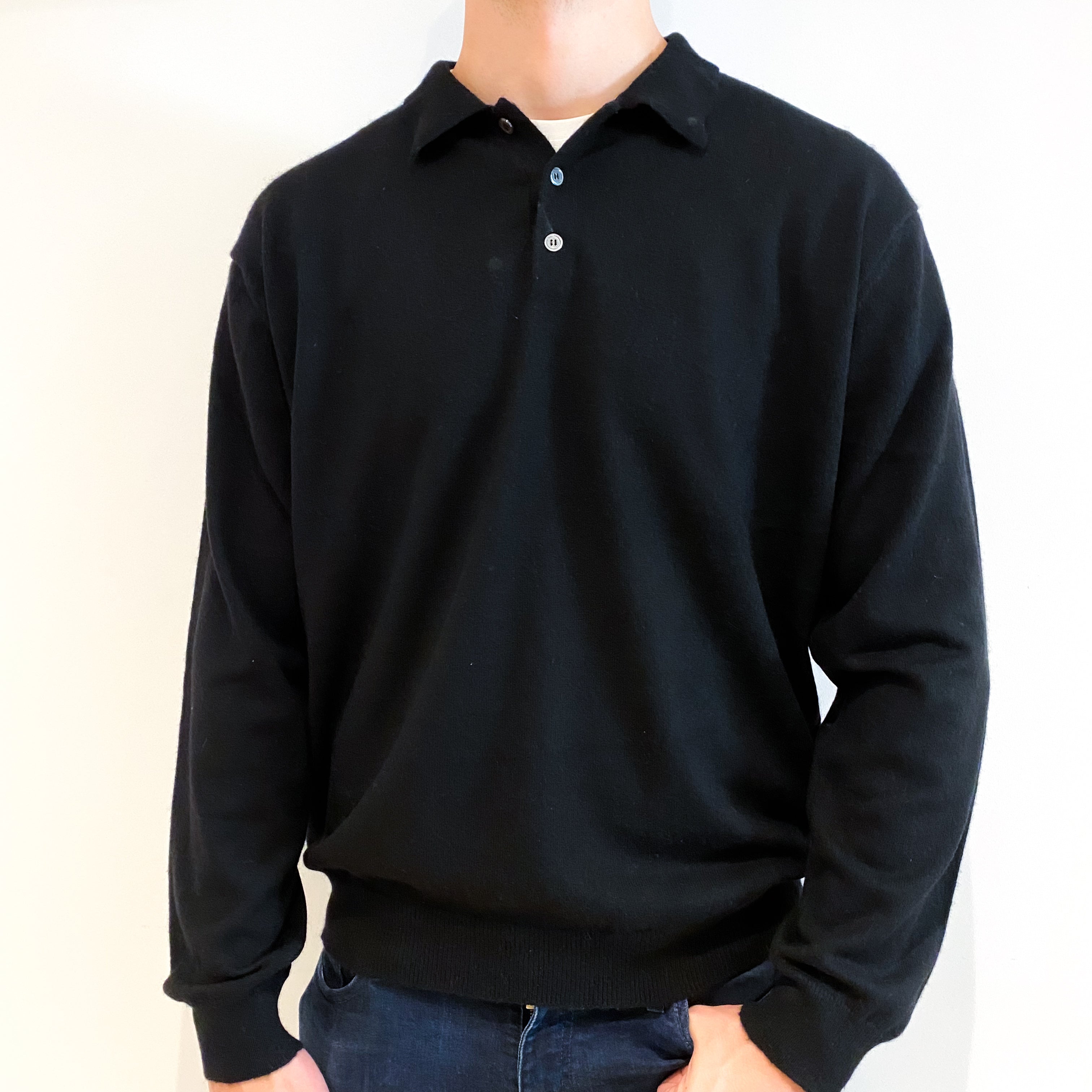 Men's Black Cashmere Collared 1/4 Button Jumper XXL