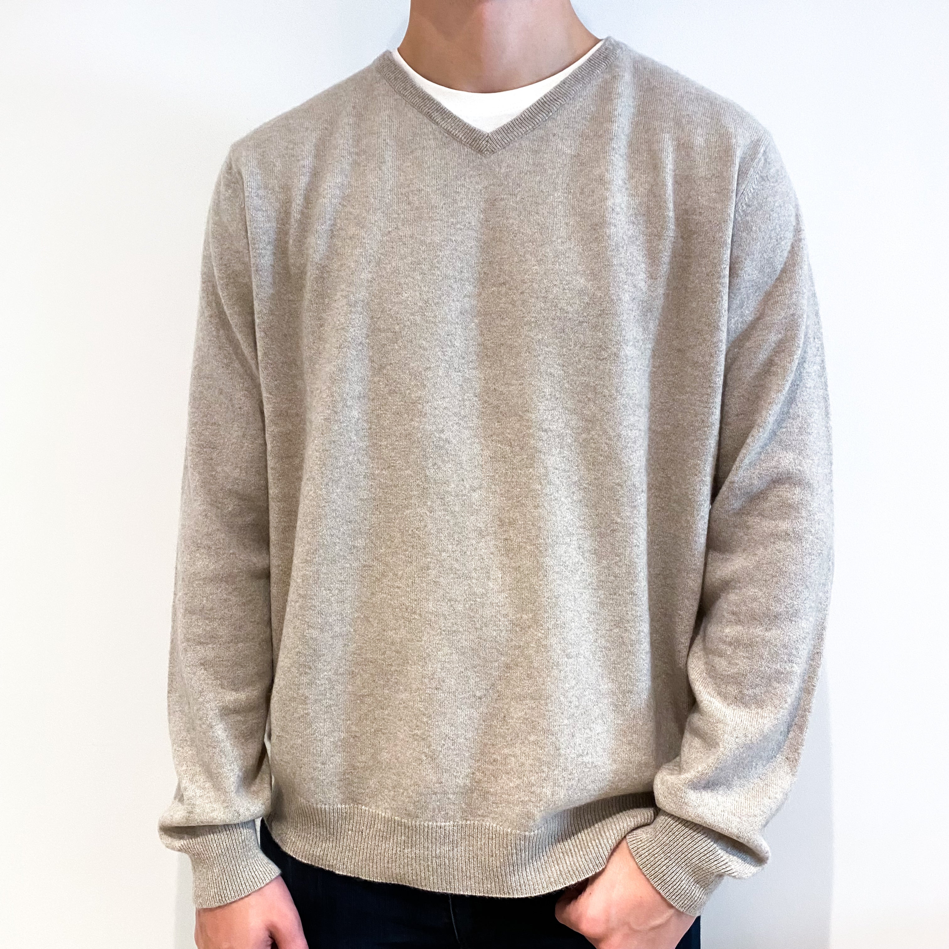 Men's Oatmeal Beige Cashmere V-Neck Jumper Extra Extra Large