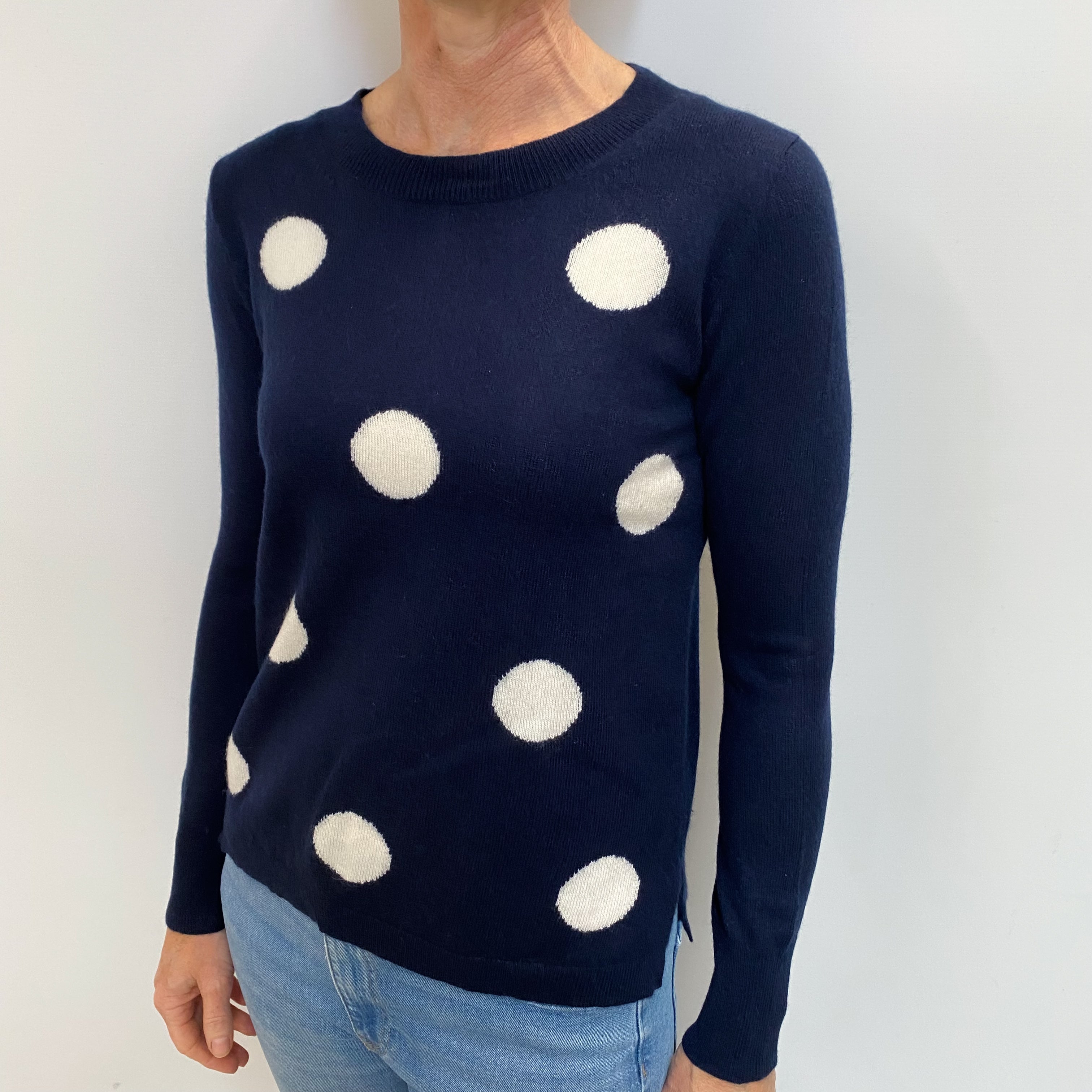 Navy Polka Dot Cashmere Crew Neck Jumper Small