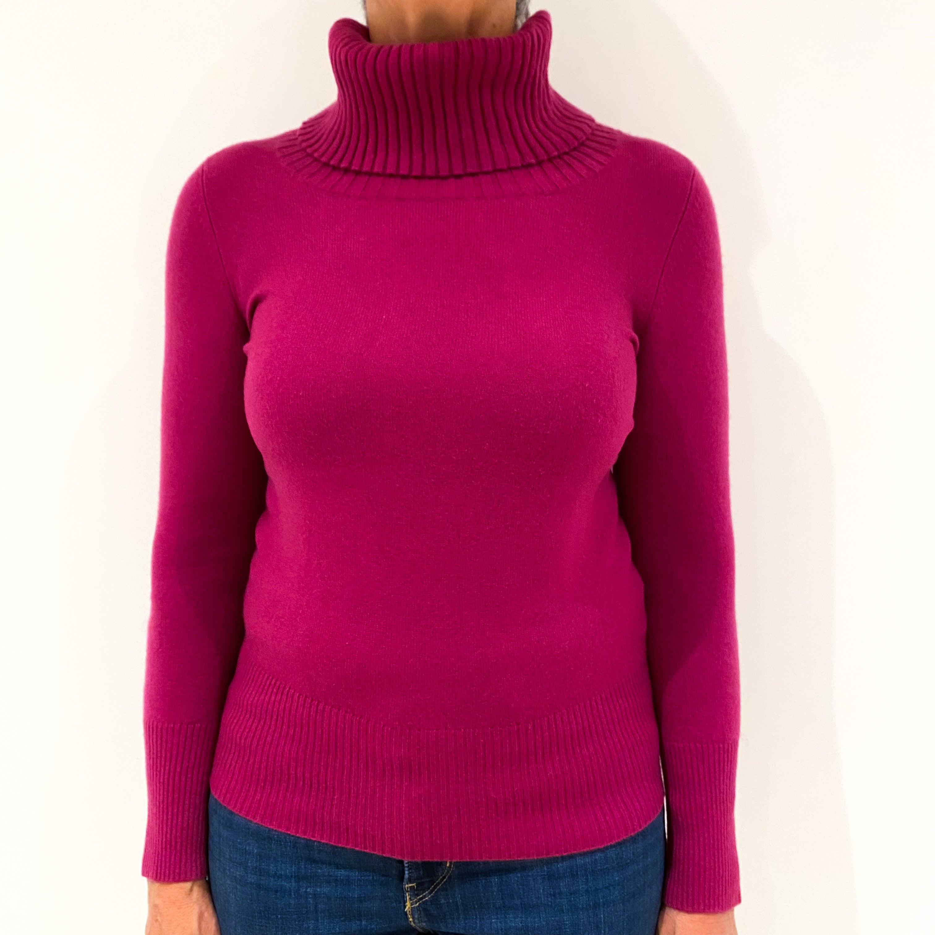 Fuchsia Pink Cashmere Polo Neck Jumper Medium