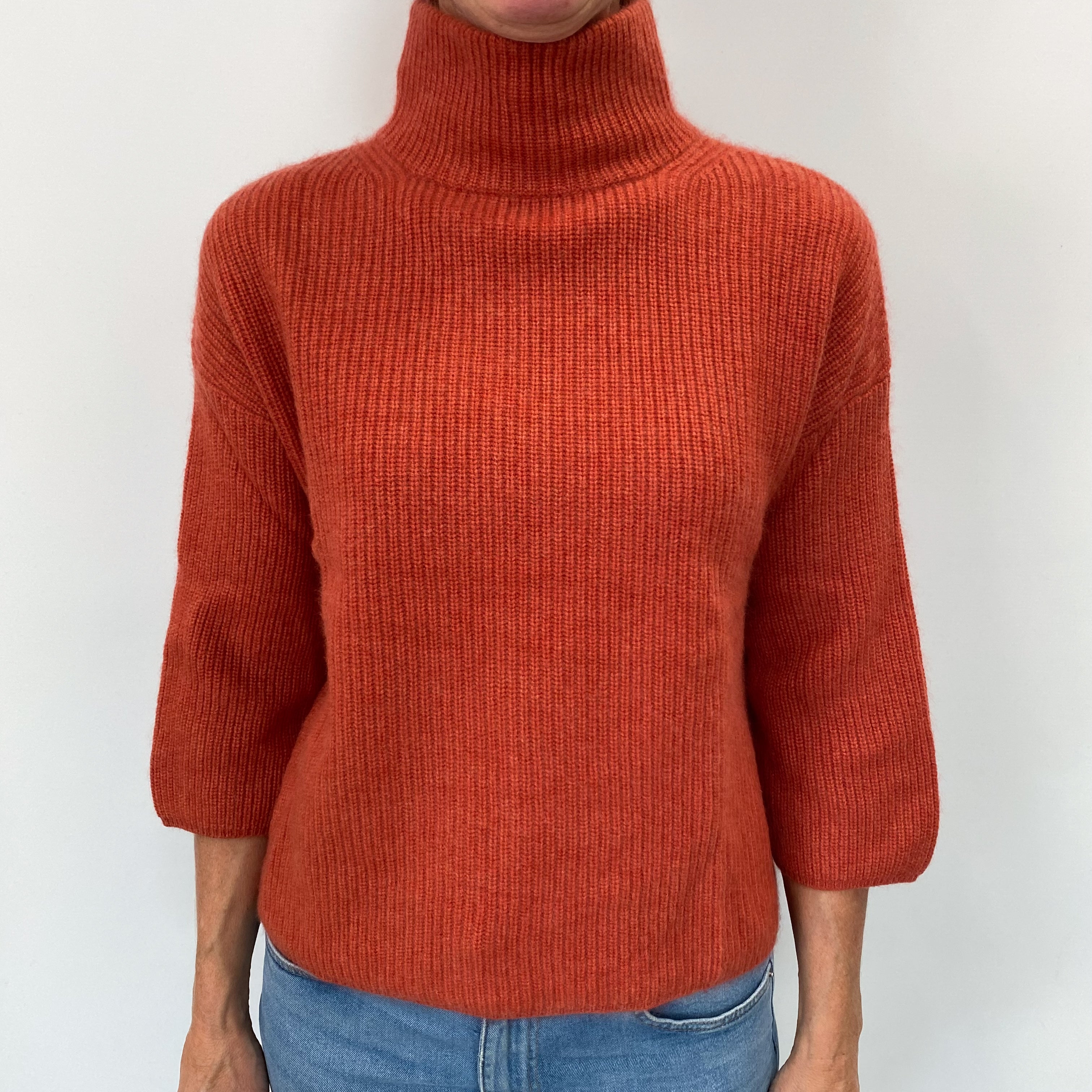 Burnt Orange Cashmere Funnel Neck 3/4 Length Sleeve Jumper Small