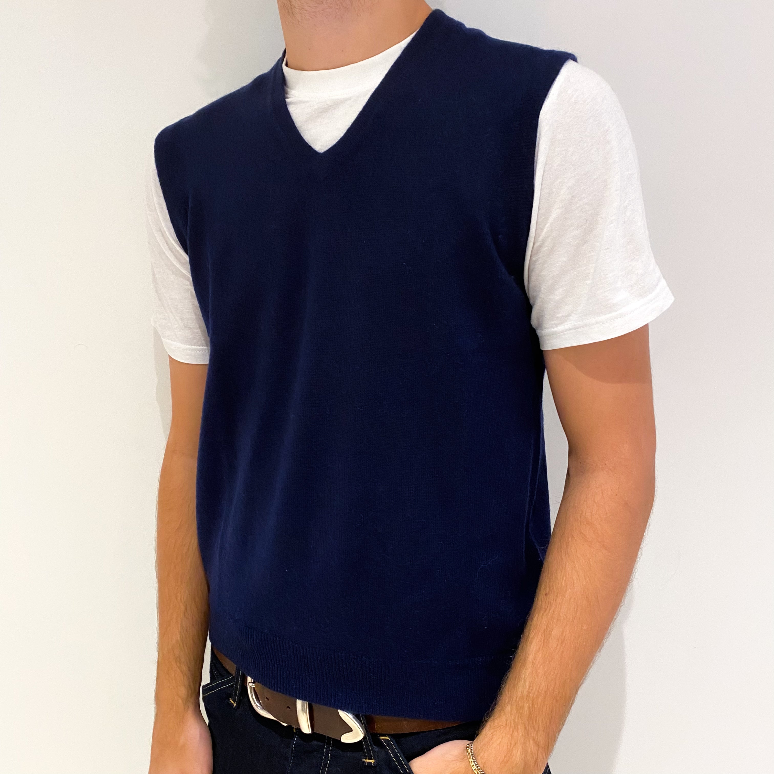 Men's Navy Blue Cashmere V-Neck Tank Top Medium