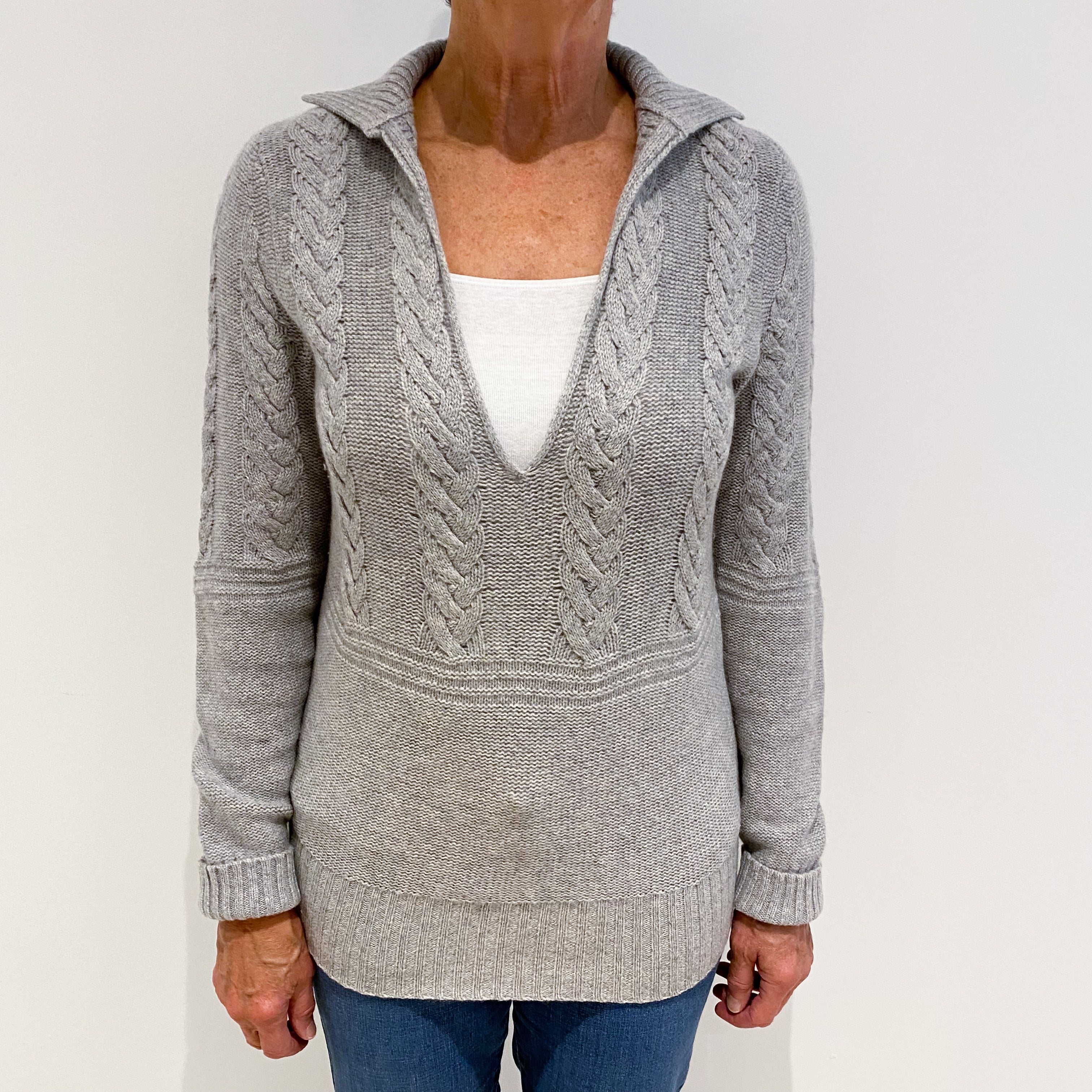 Smoke Grey Cable Cashmere Collared V-Neck Jumper Medium