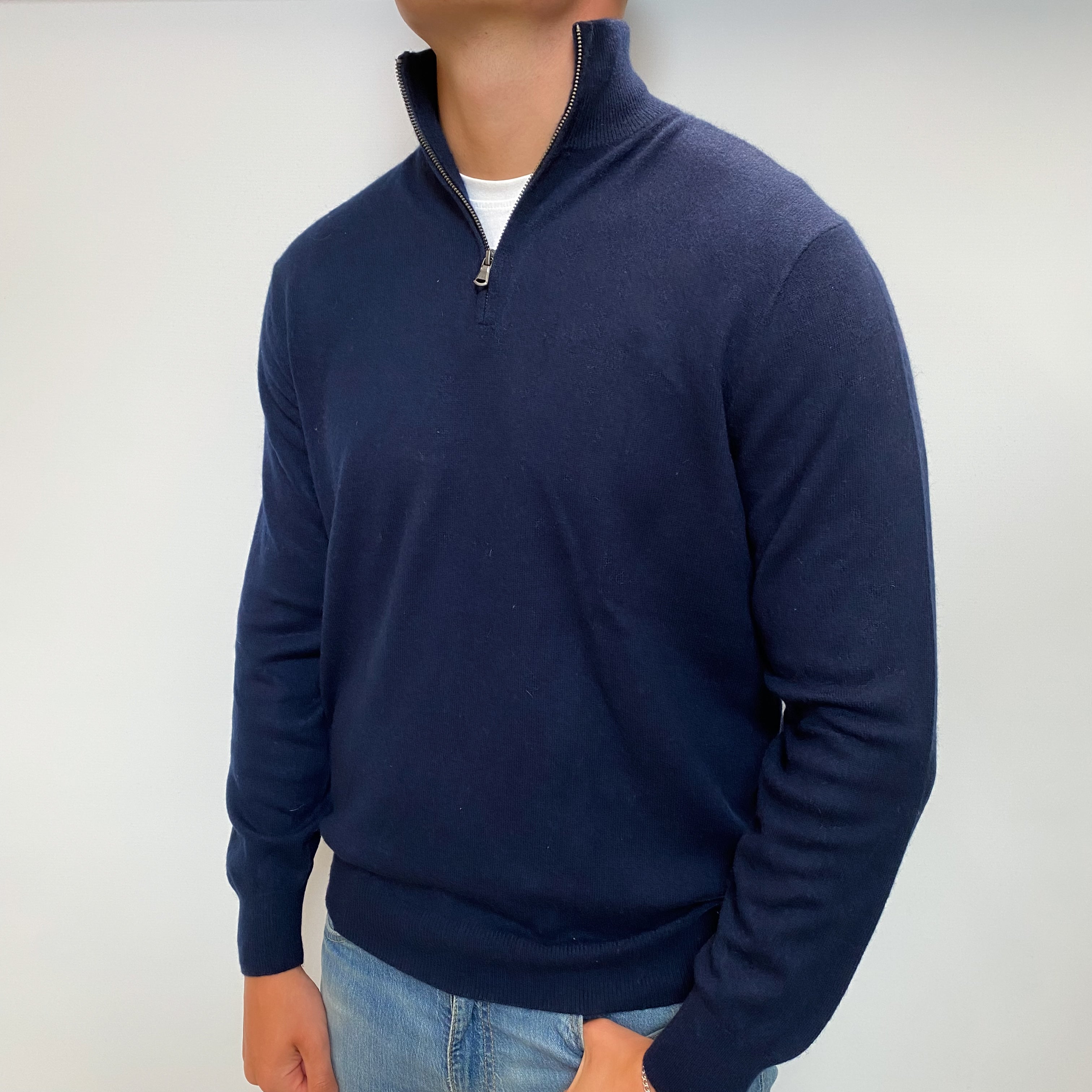 Men's Navy Blue Cashmere 1/4 Zip Neck Jumper XL