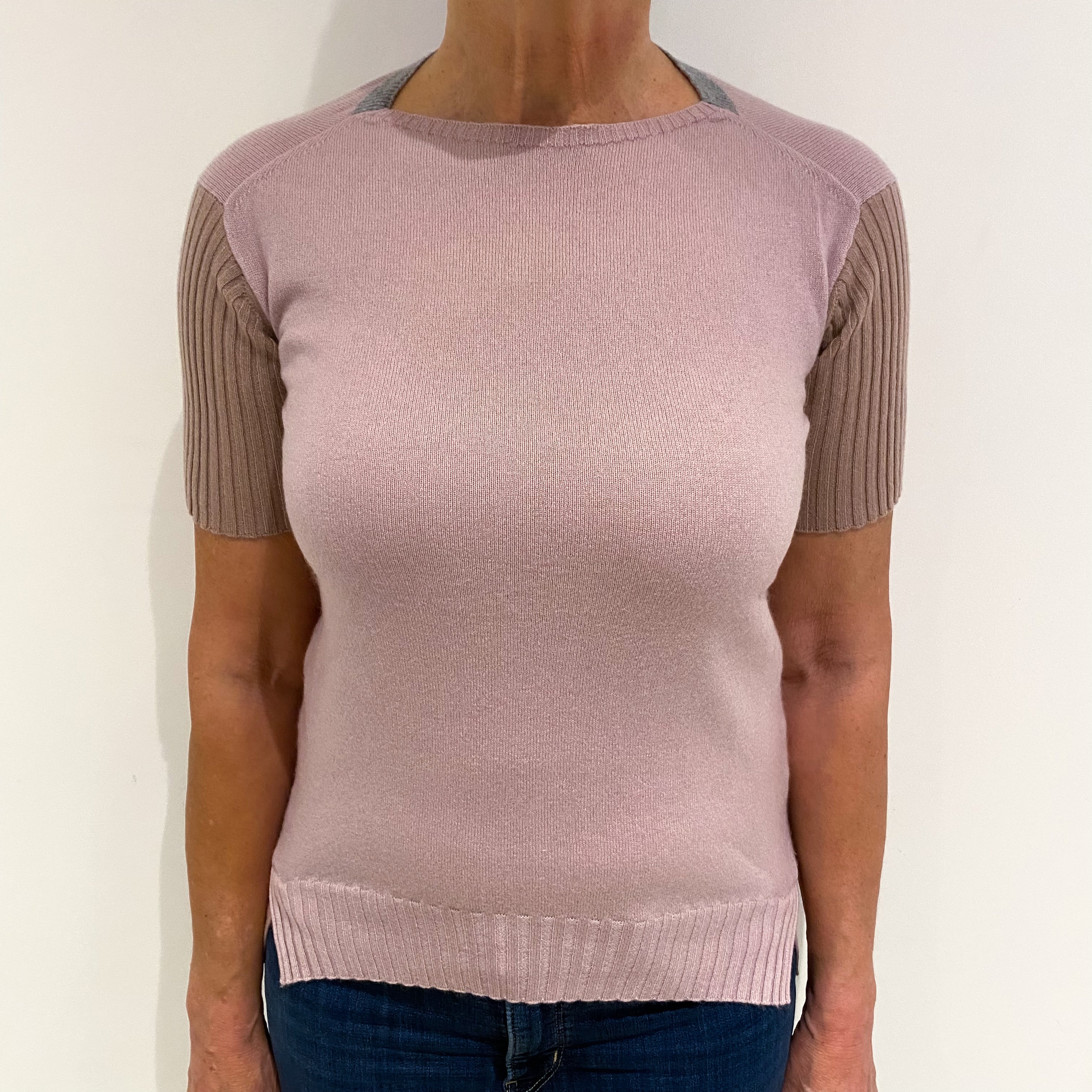 Lilac, Grey and Nude Cashmere Slash Neck Short Sleeved Jumper Medium