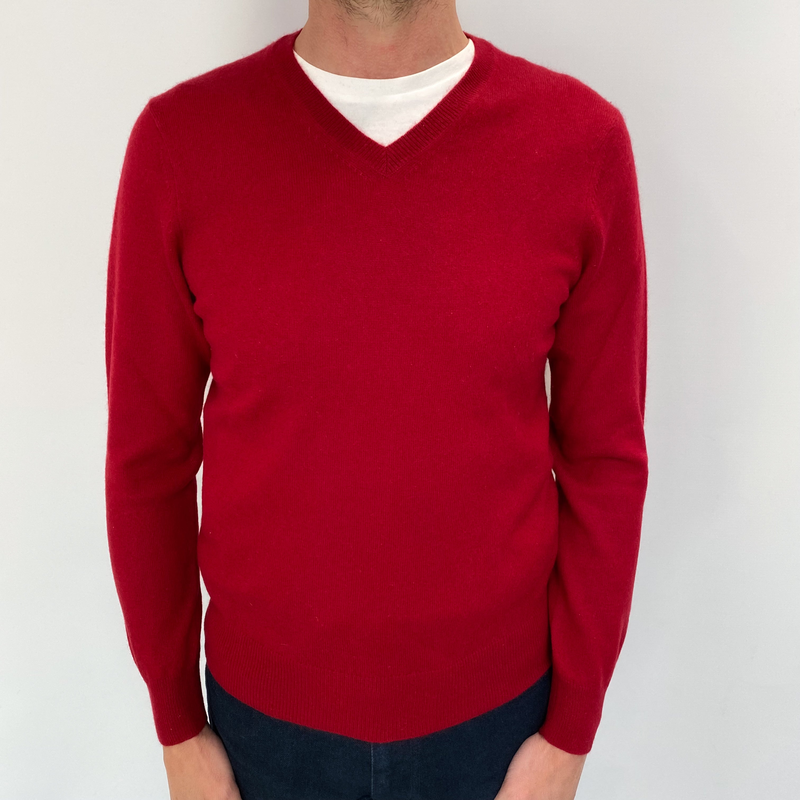 Men's Post Box Red Cashmere V Neck Jumper Extra Small