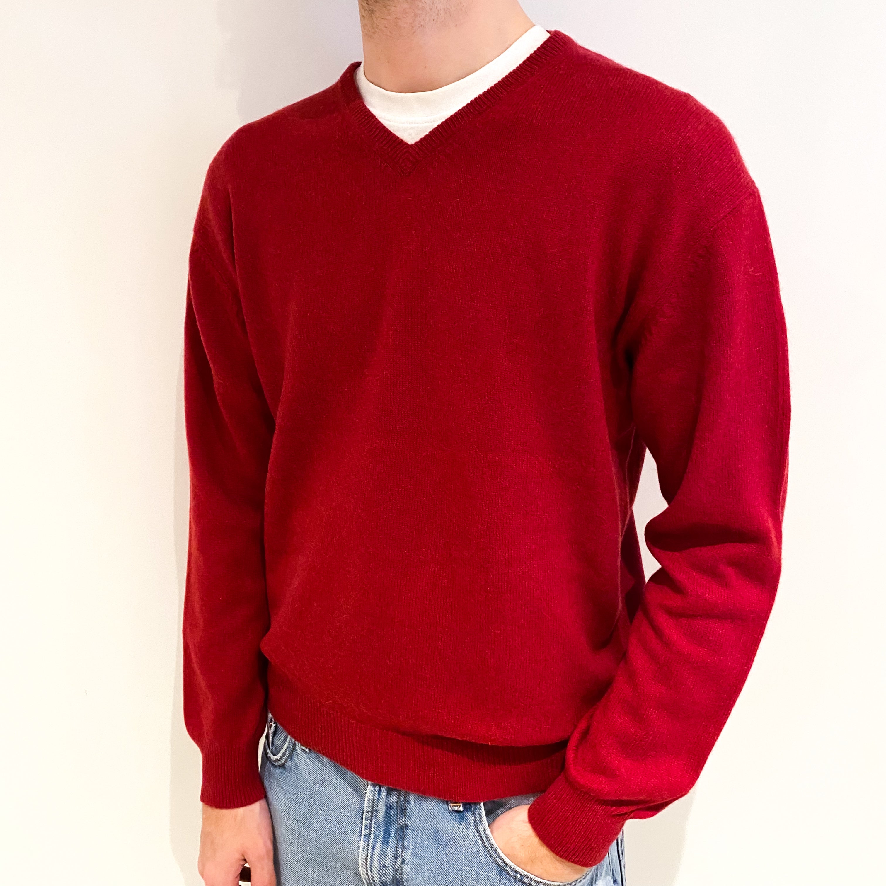 Men's Rust Red Cashmere V Neck Jumper Medium