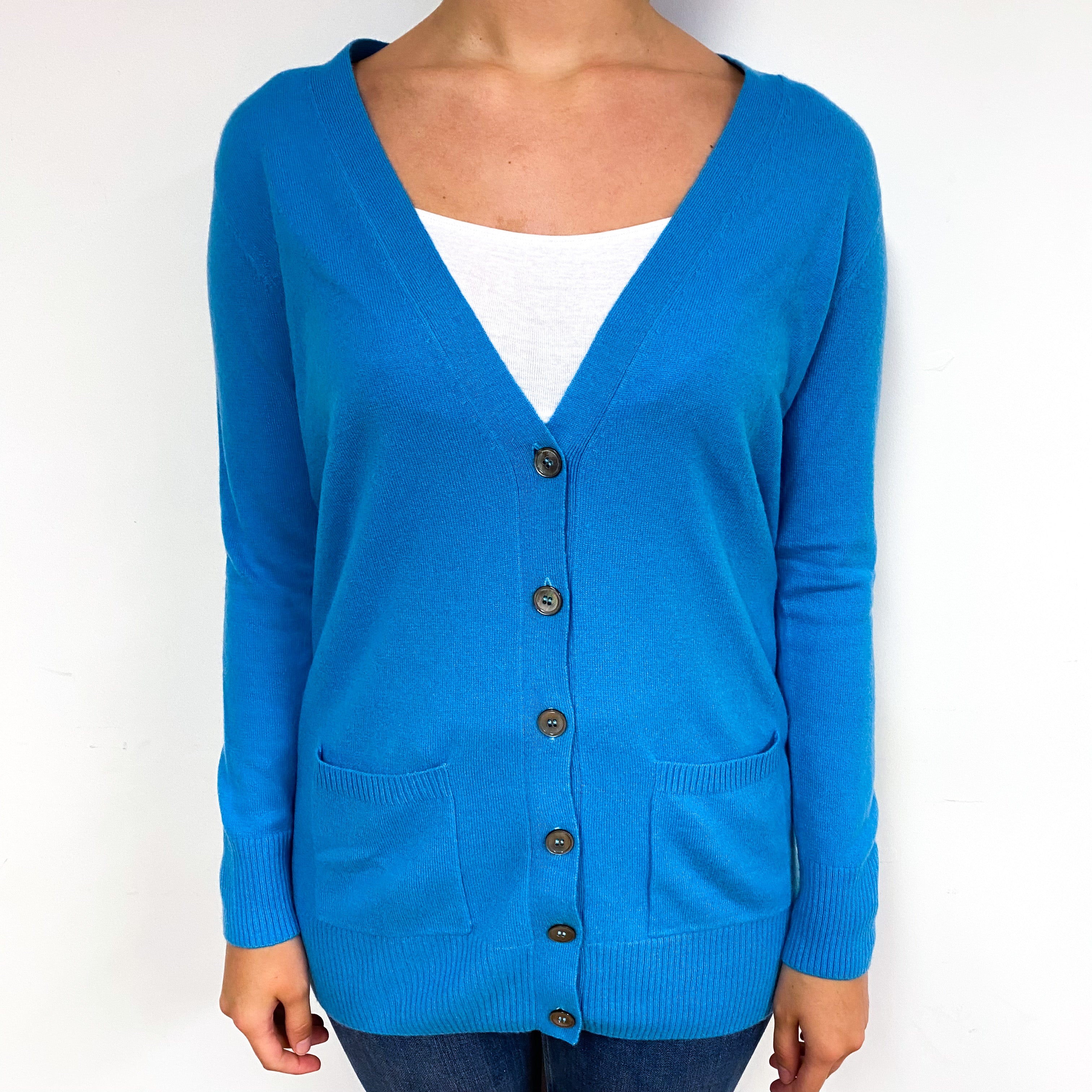 Ocean Blue Longline Cashmere V-Neck Cardigan Small