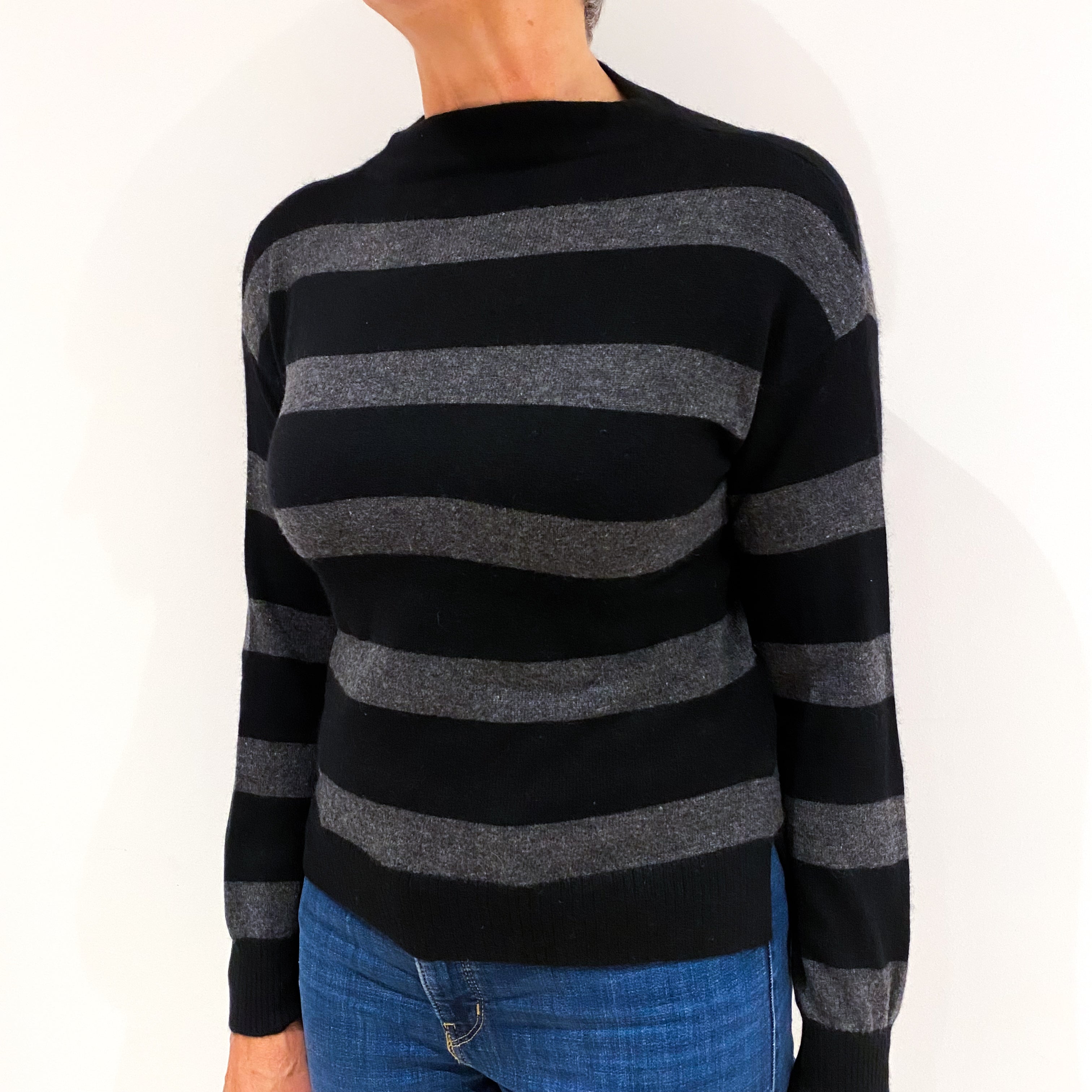 Black Grey Stripe Cashmere Funnel Neck Jumper Medium