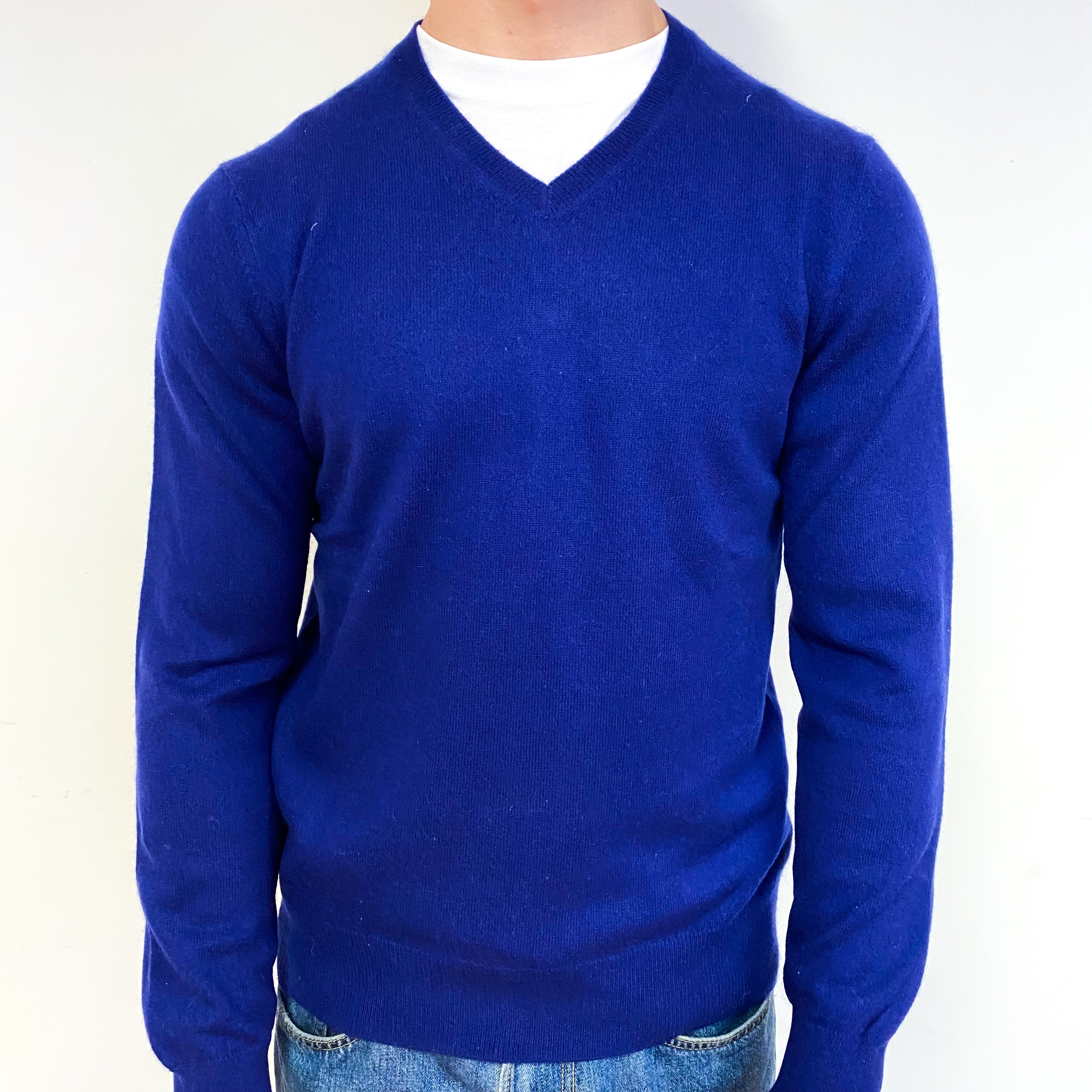 Men's Navy Blue Cashmere V-Neck Jumper Small