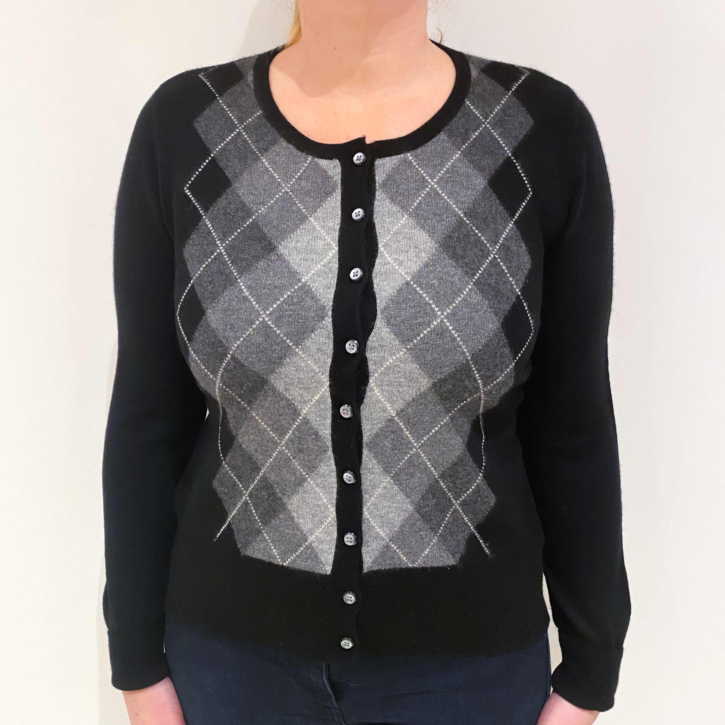 Black and Grey Argyle Cashmere Crew Cardigan Large