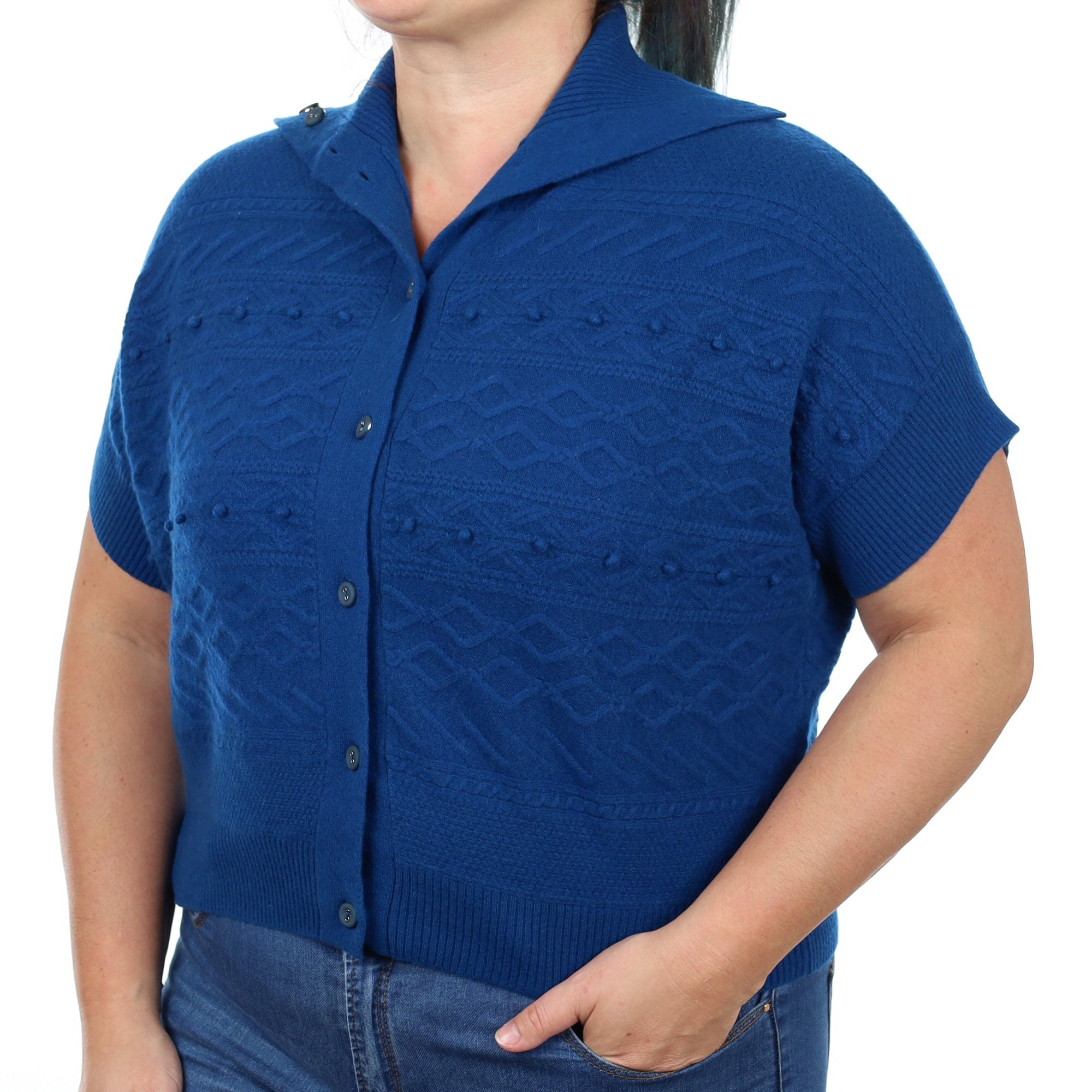 Teal Blue Cashmere Short-Sleeved Cardigan Large