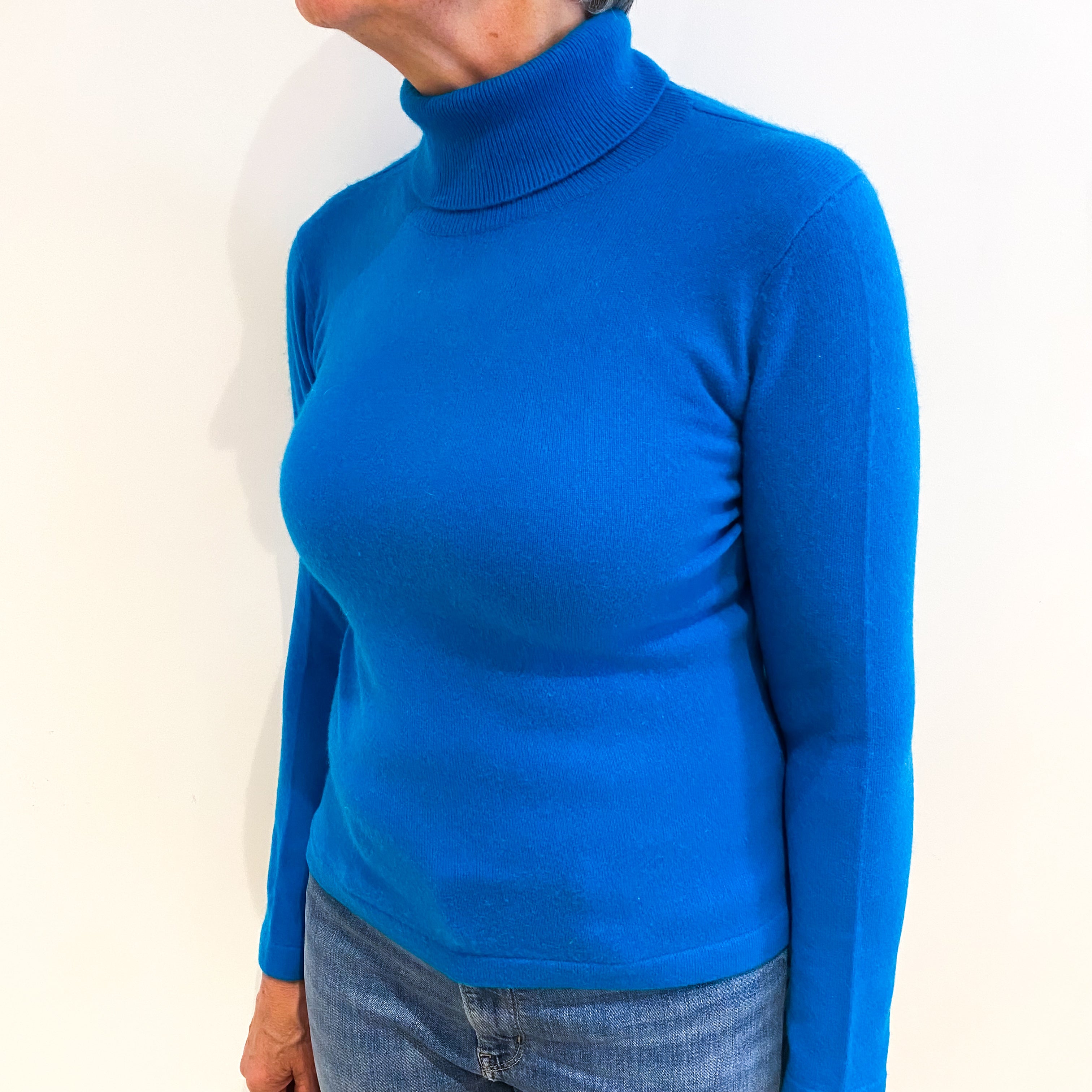 Deep Turquoise Blue Cashmere Polo Neck Jumper Medium