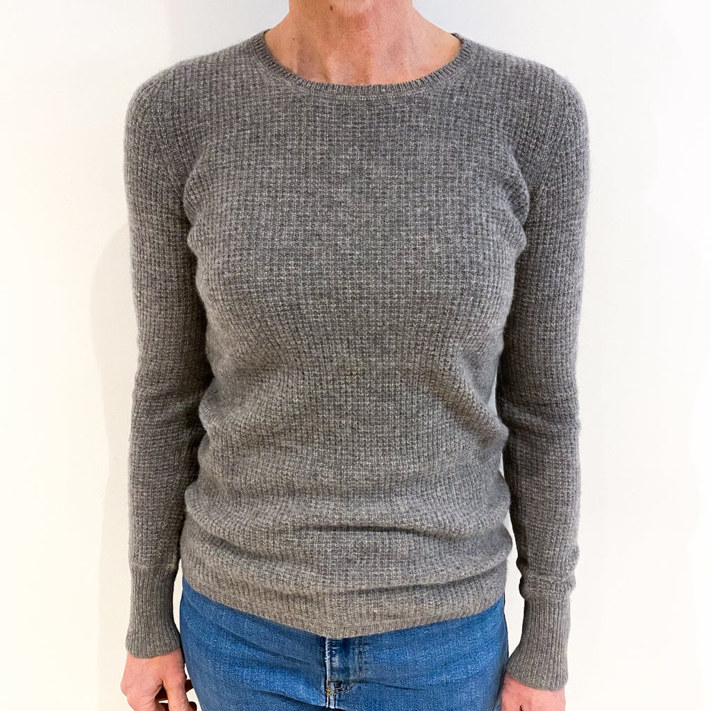 Ash Grey Waffle Knit Cashmere Crew Neck Jumper Small