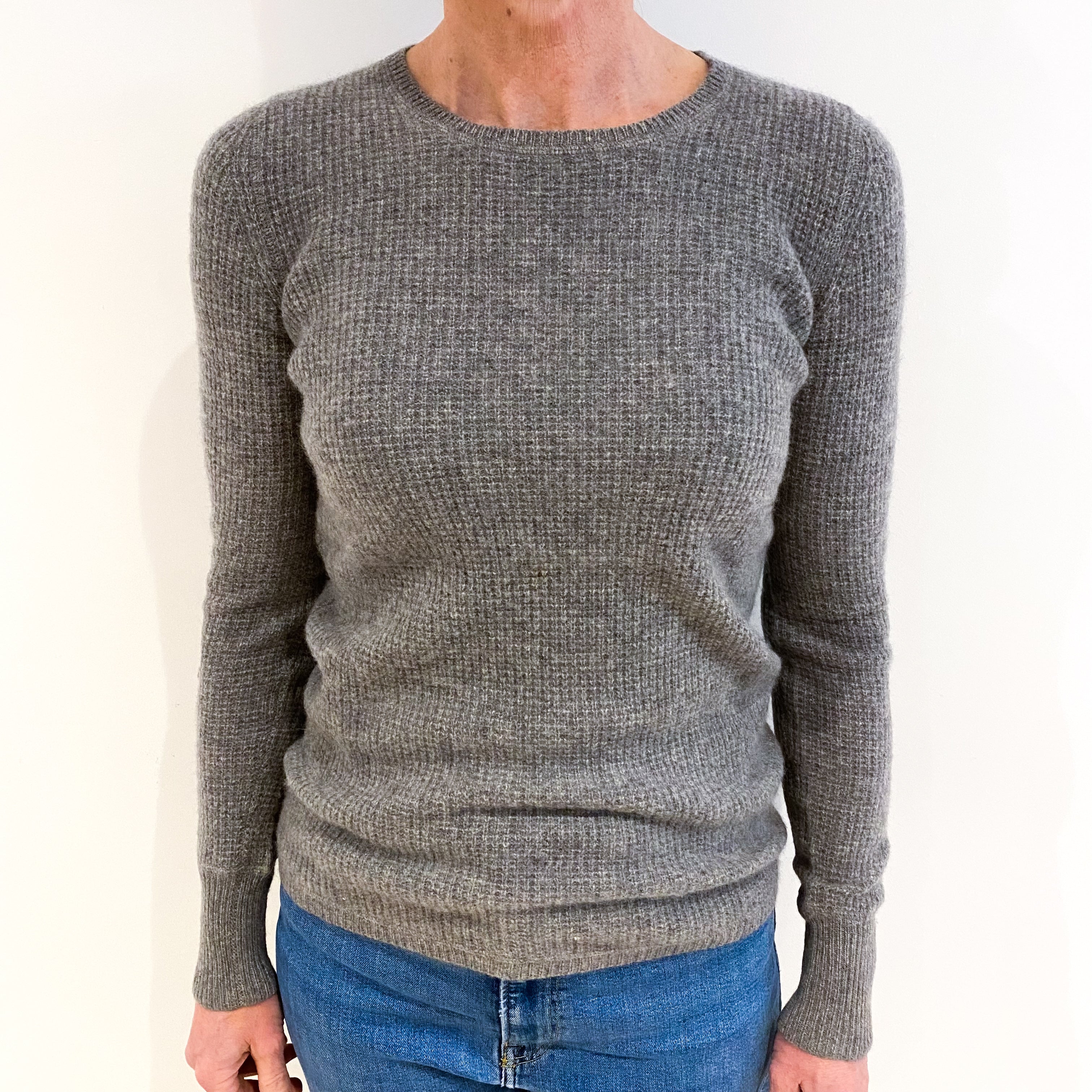 Ash Grey Waffle Knit Cashmere Crew Neck Jumper Small