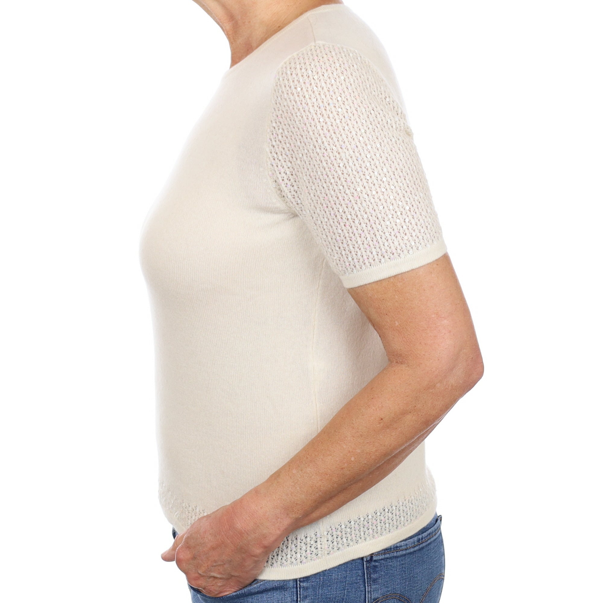 Ivory Embellished Cashmere Short Sleeve Crew Neck Jumper Medium
