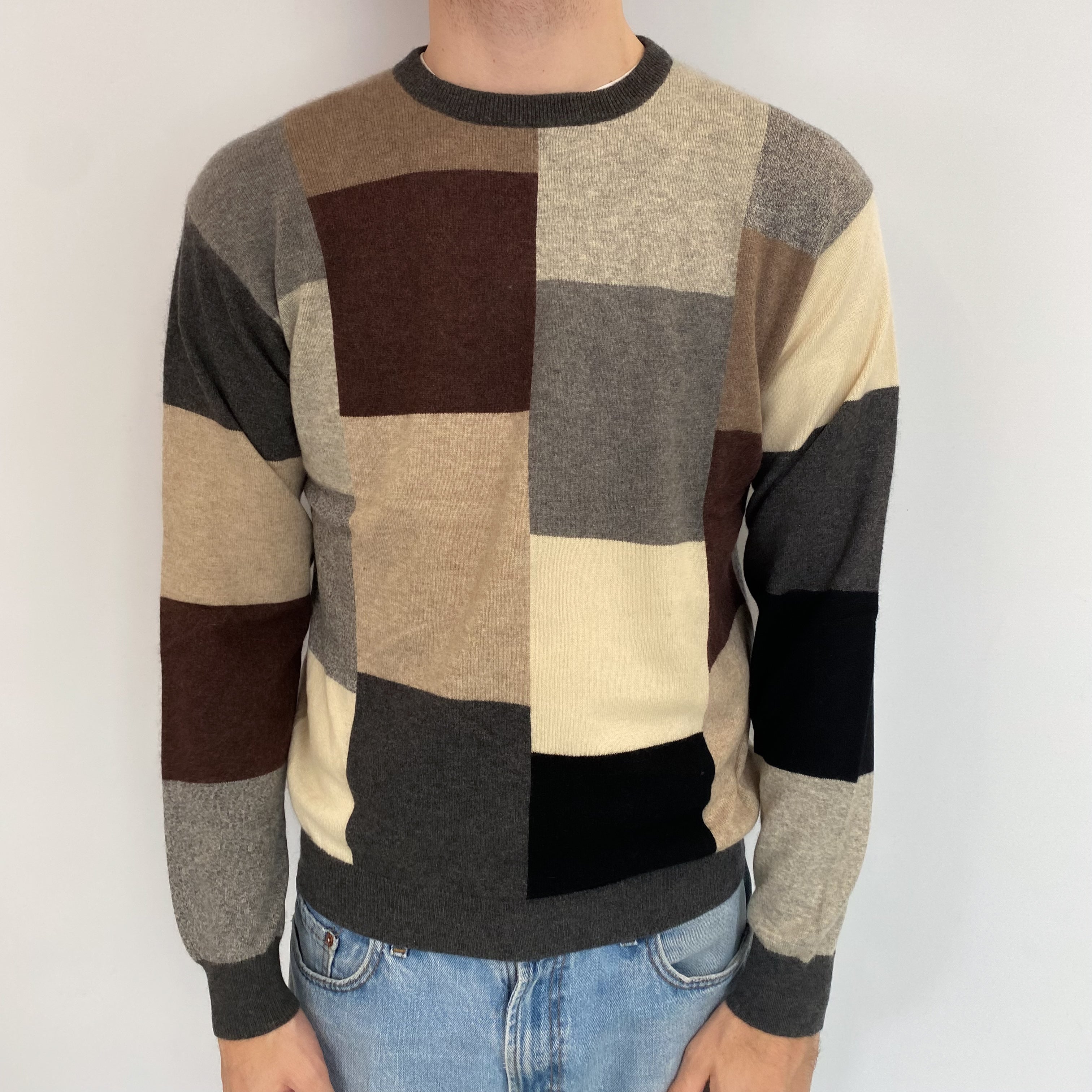 Men's Grey Colour Block Cashmere Crew Neck Jumper Medium