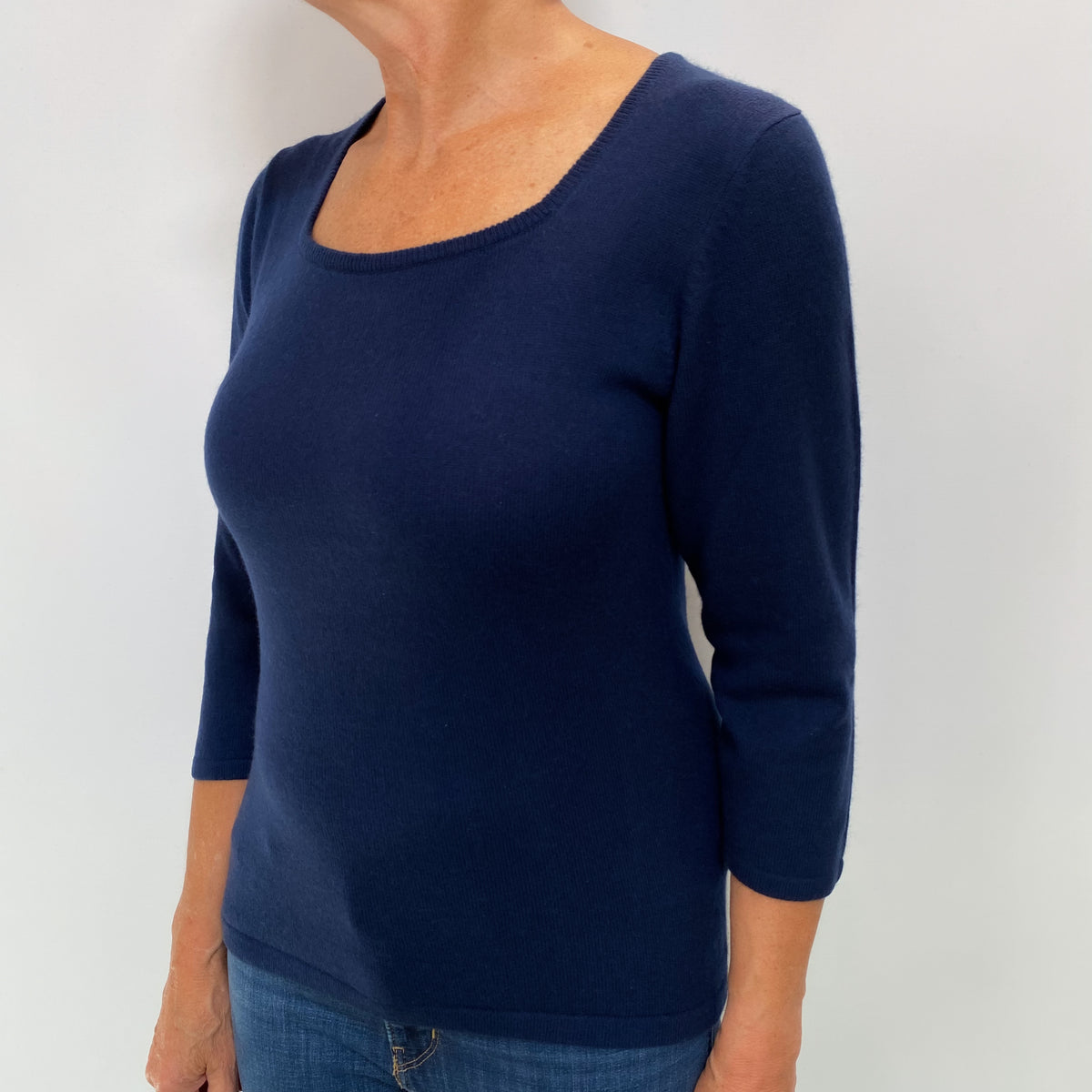French Navy Cashmere Crew Neck 3/4 Sleeve Jumper Medium