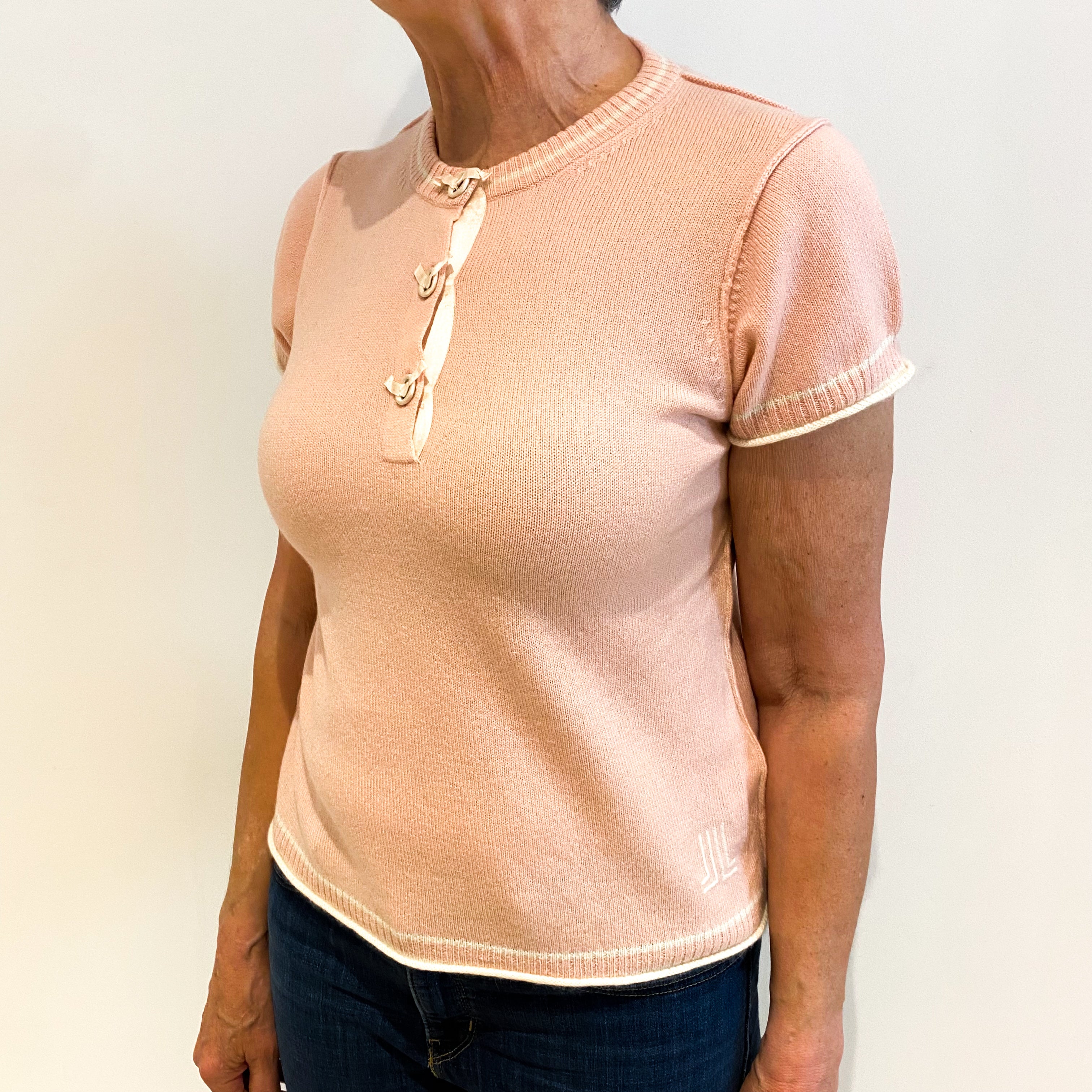 Shell Pink And White Cashmere 3/4 Button Crew Neck Jumper Medium