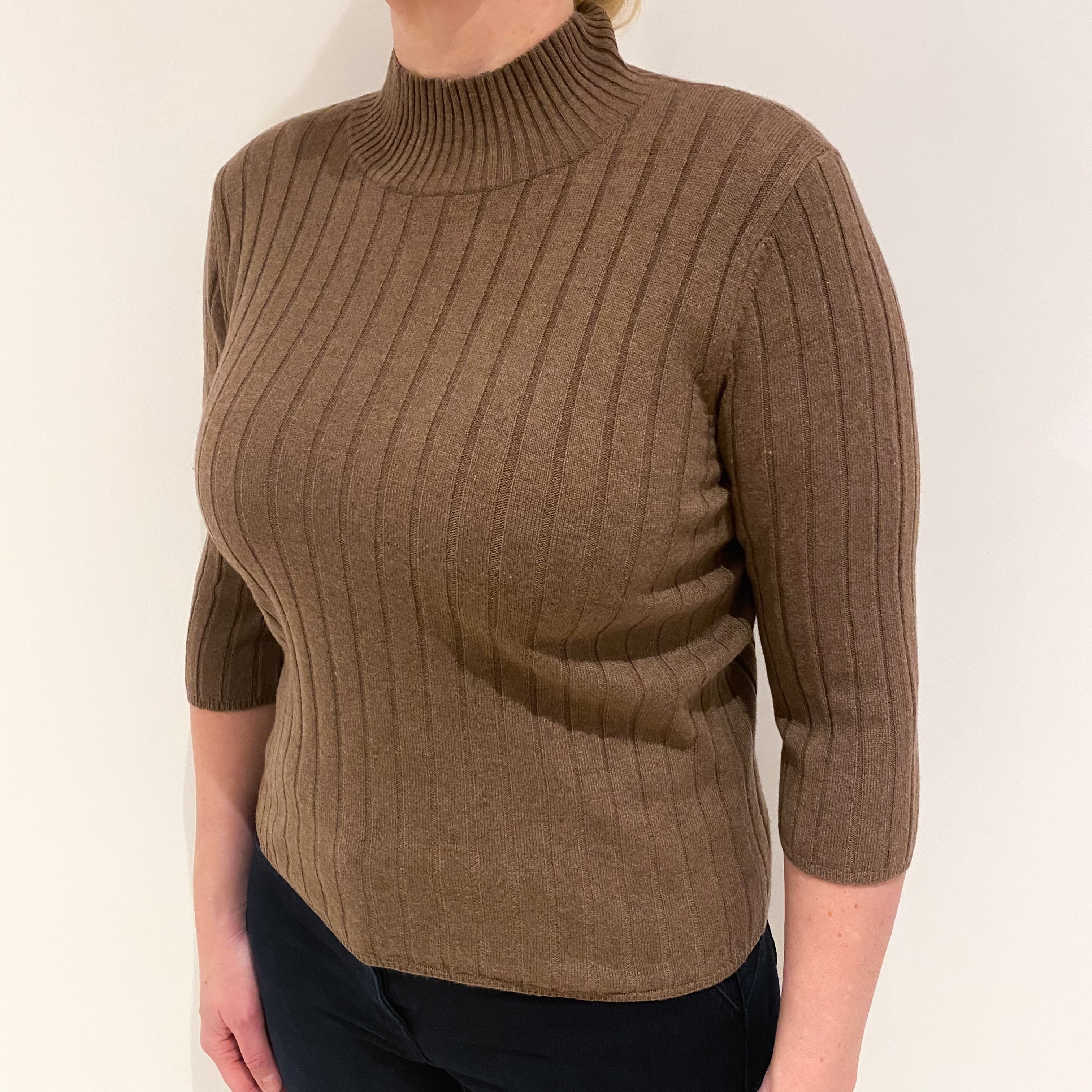 Mocha Brown 3/4 Sleeve Cashmere Turtle Neck Jumper Large