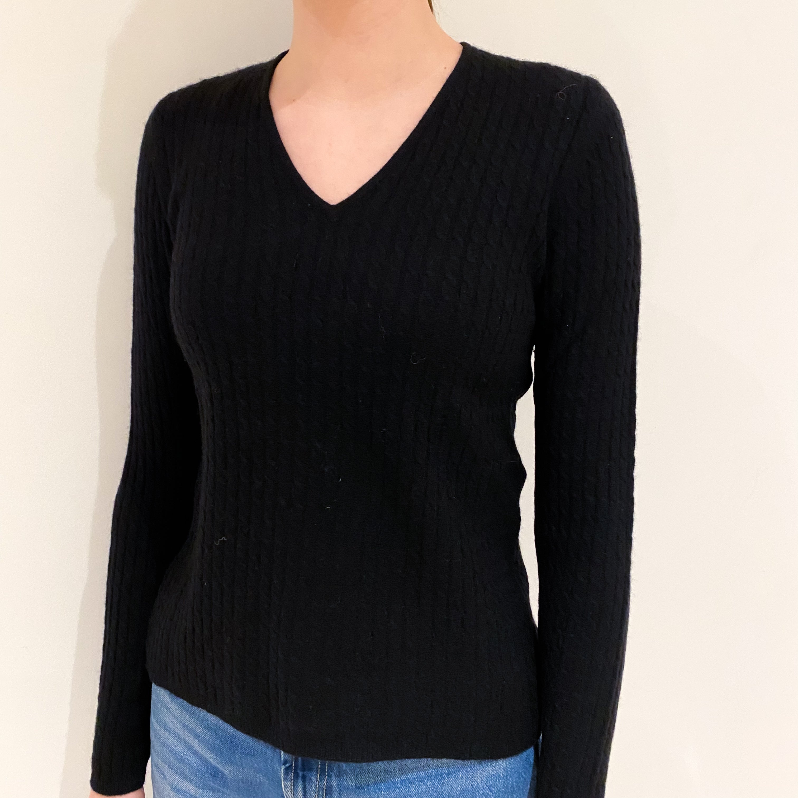 Black Cable Cashmere V Neck Jumper Extra Small