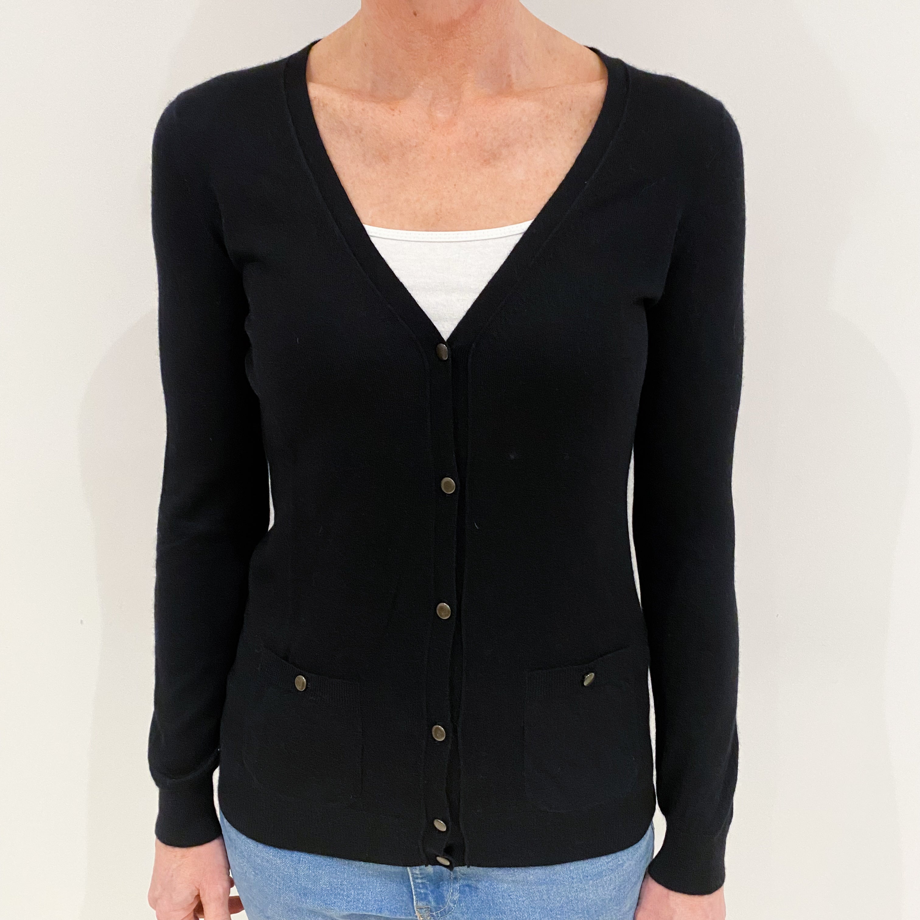 Black Fine Knit V-Neck Cashmere Cardigan Small