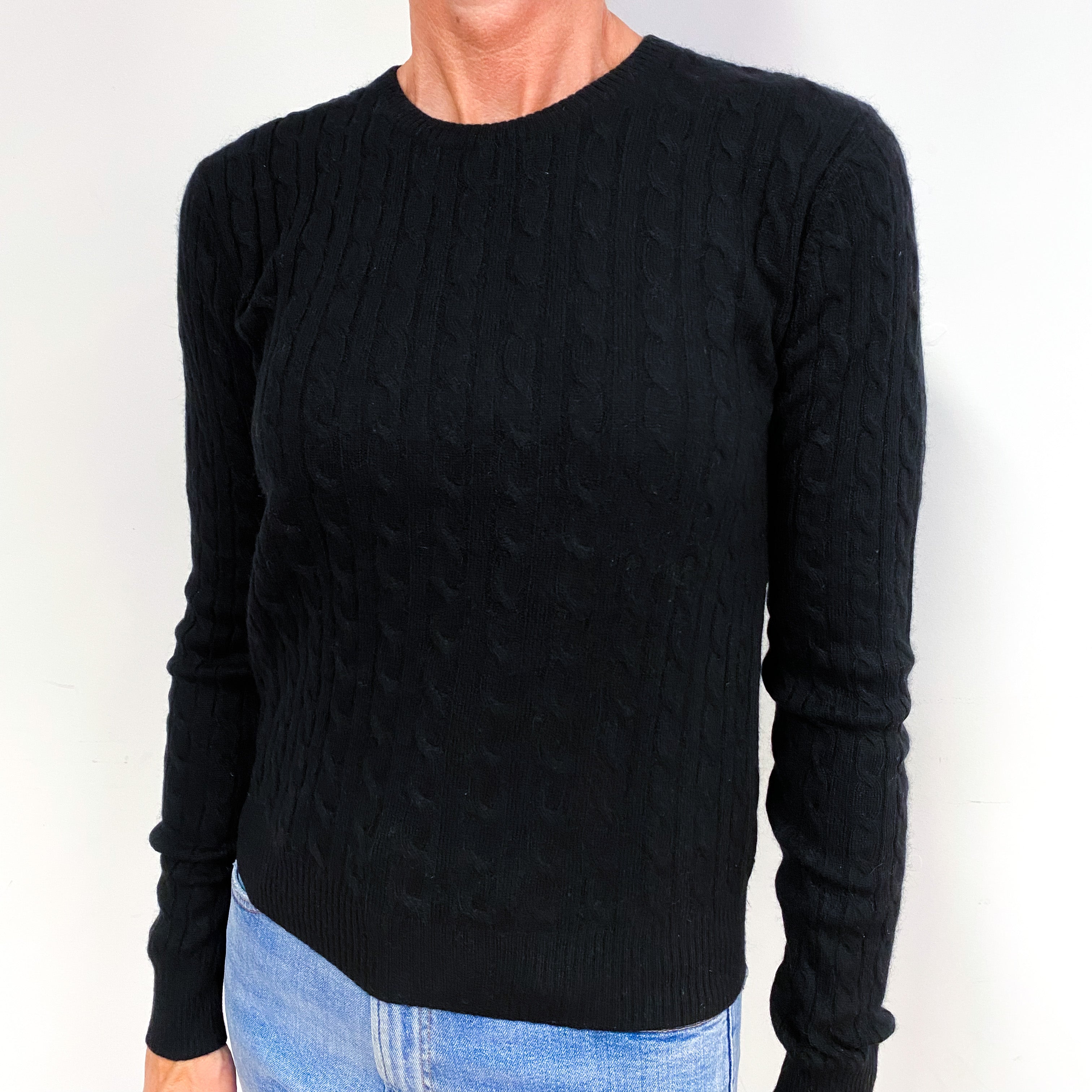 Black Cable Knit Cashmere Crew Neck Jumper Medium