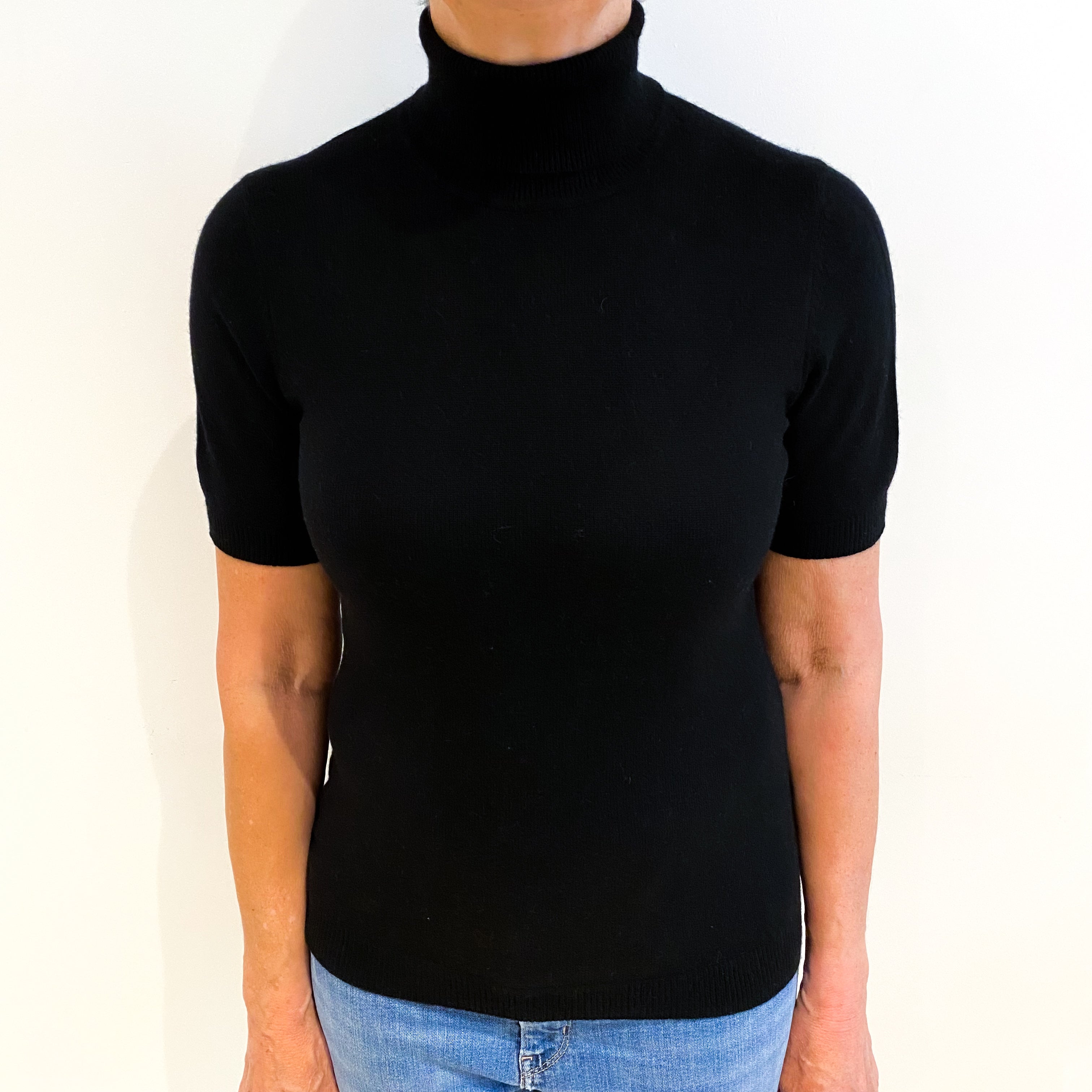 Black Cashmere Polo Neck Short Sleeved Jumper Medium