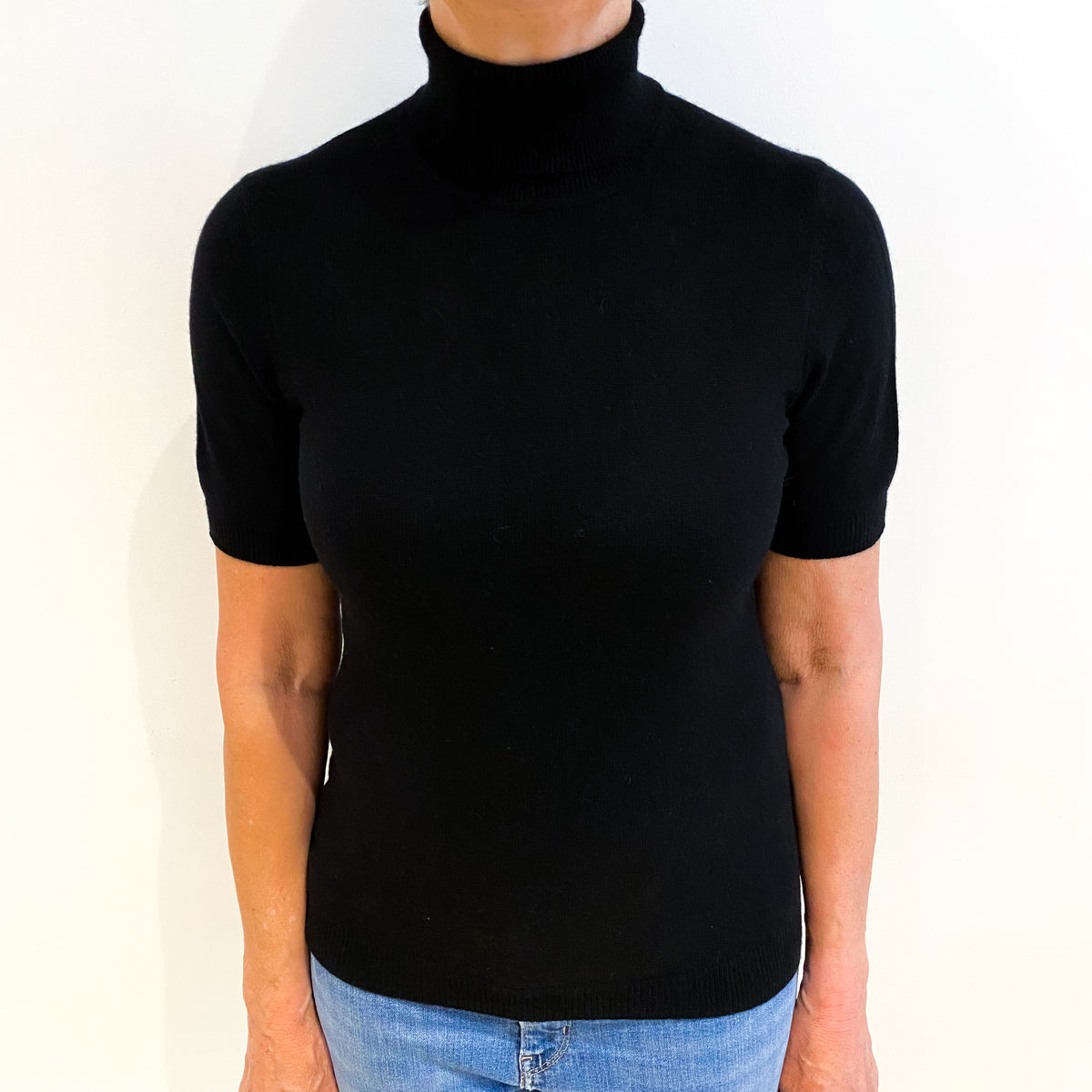 Black Cashmere Polo Neck Short Sleeved Jumper Medium
