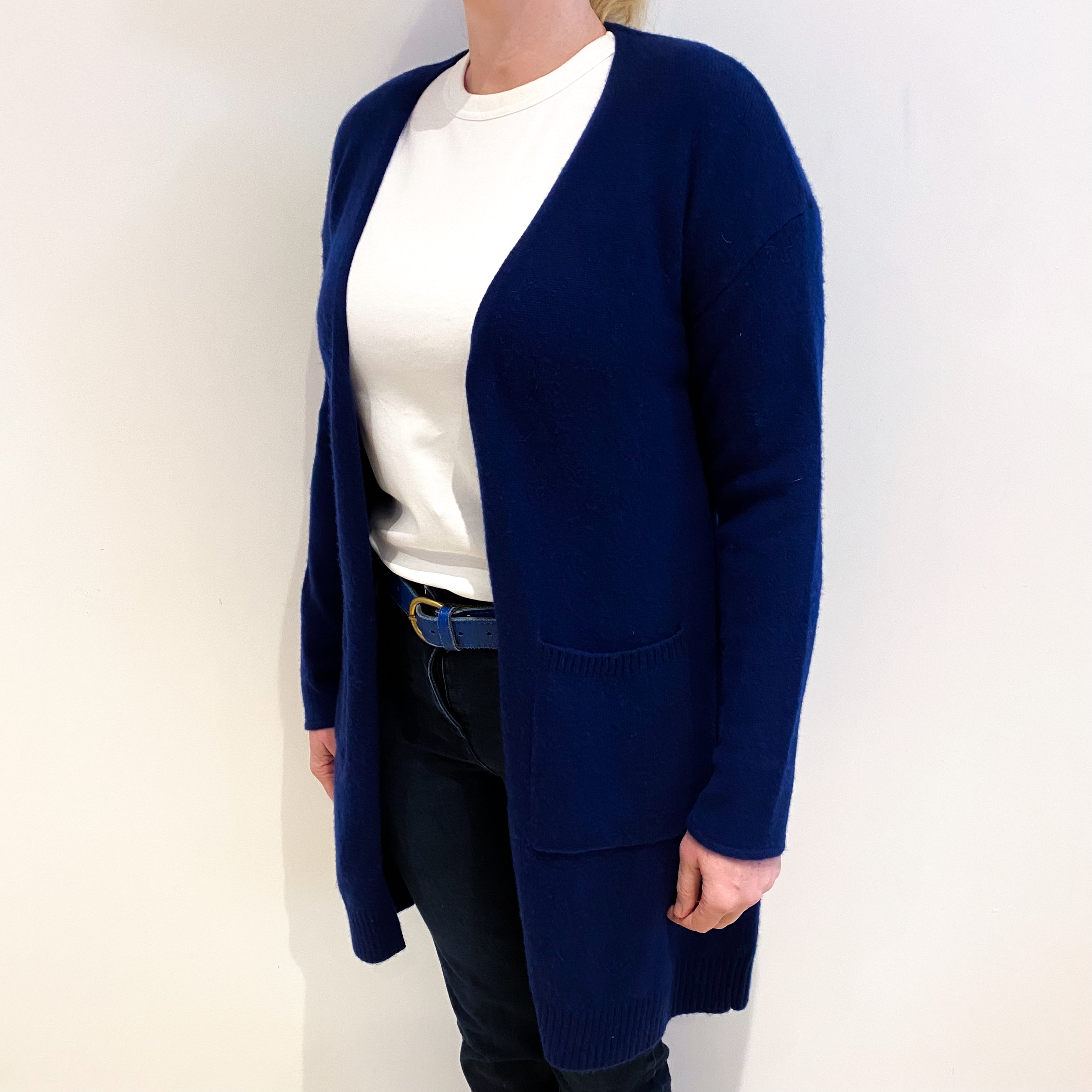 French Navy Cashmere Edge To Edge Cardigan With Pockets Large