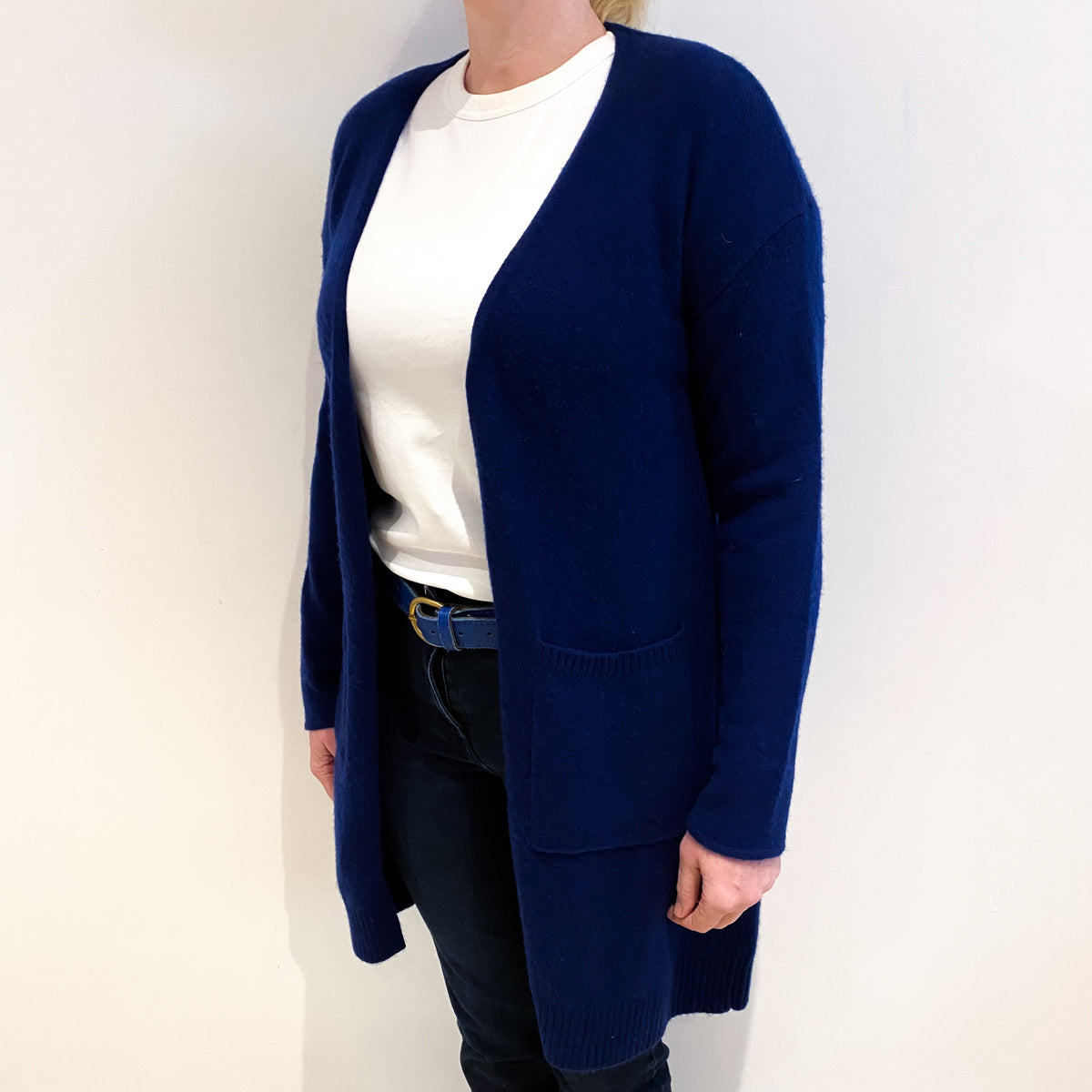 French Navy Cashmere Edge To Edge Cardigan With Pockets Large