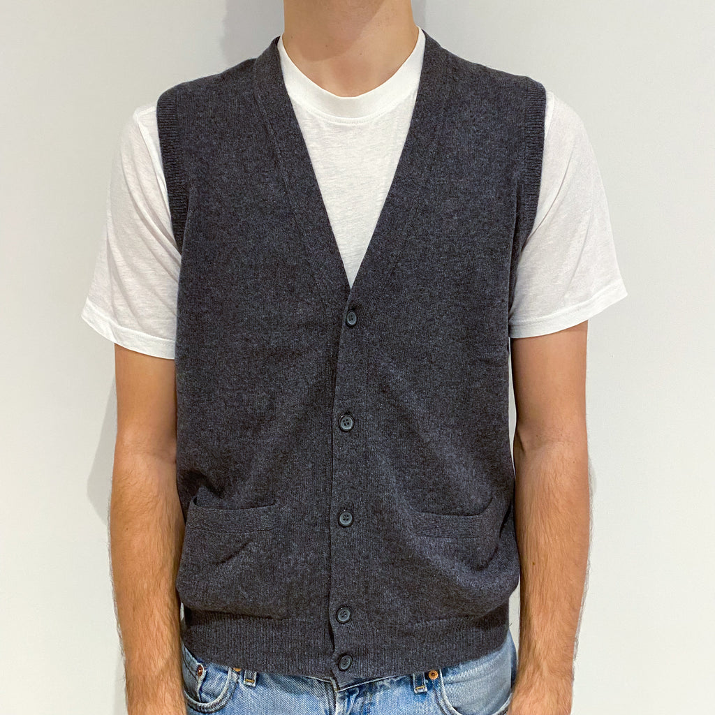 Men's Slate Grey Cashmere V-Neck Gilet with Pockets Large
